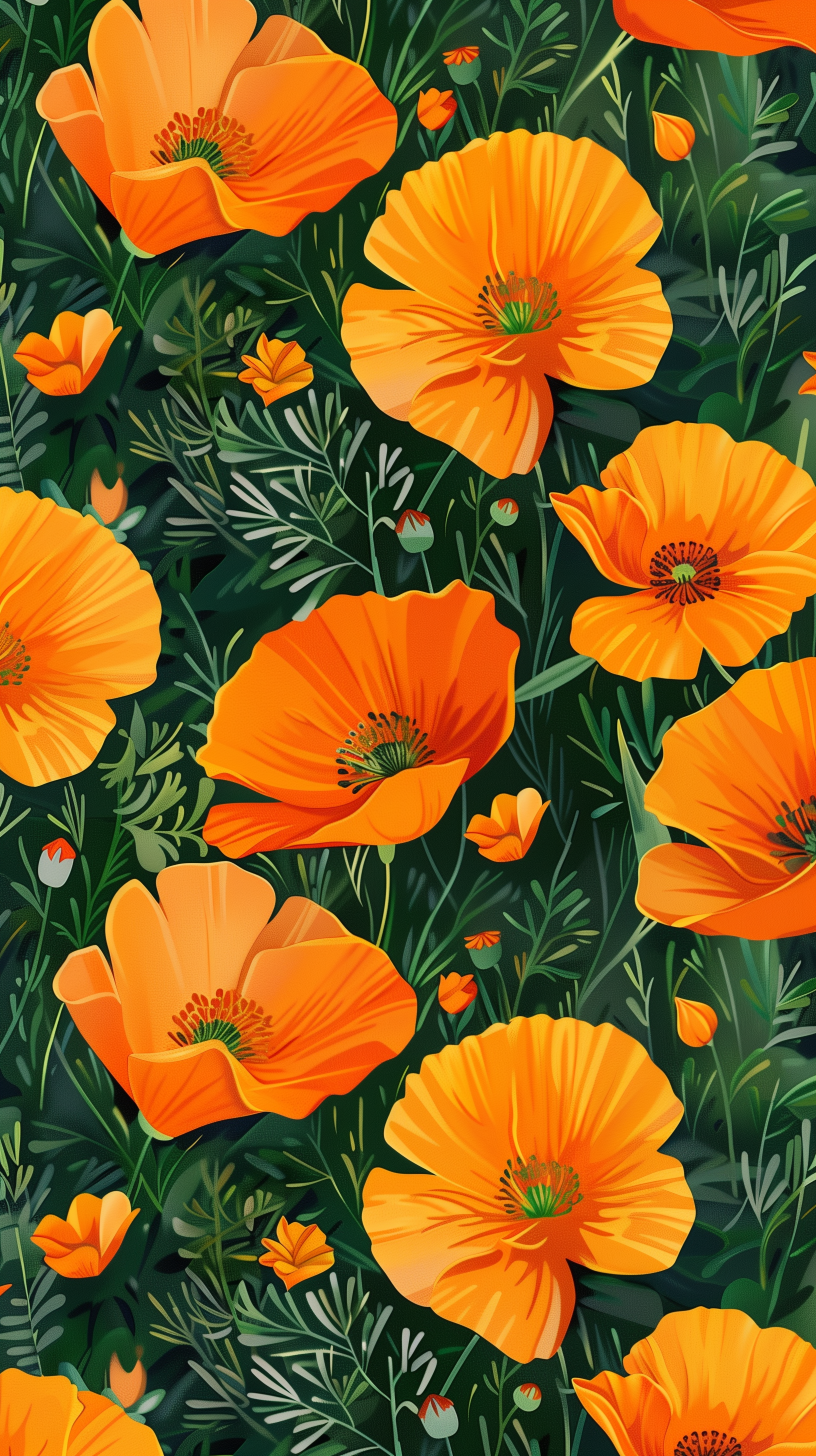 Phone wallpaper featuring a pattern of vibrant California poppy flowers with rich orange petals and green leaves on a dark background.