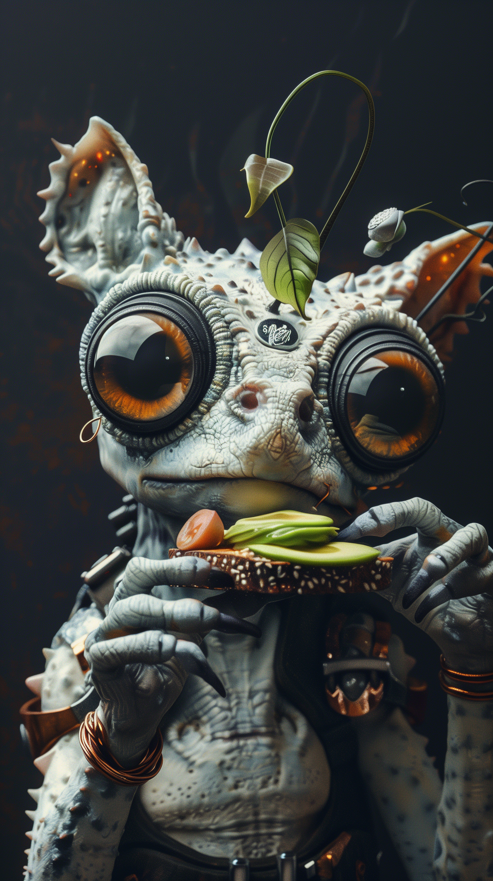 A whimsical phone wallpaper featuring a stylized alien creature holding a slice of avocado toast.