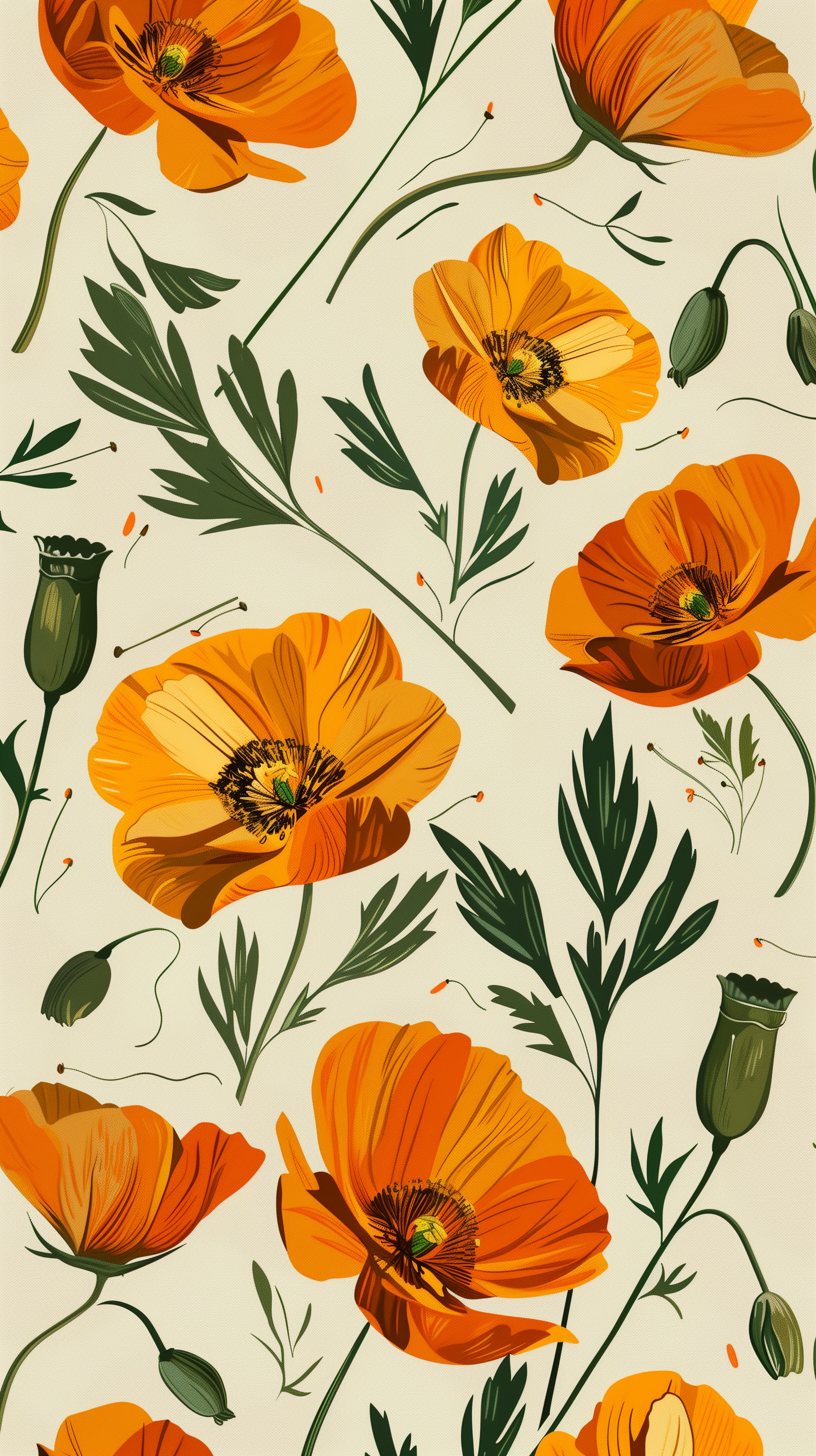 Phone wallpaper featuring a pattern of vibrant California Poppy flowers and leaves on a beige background.
