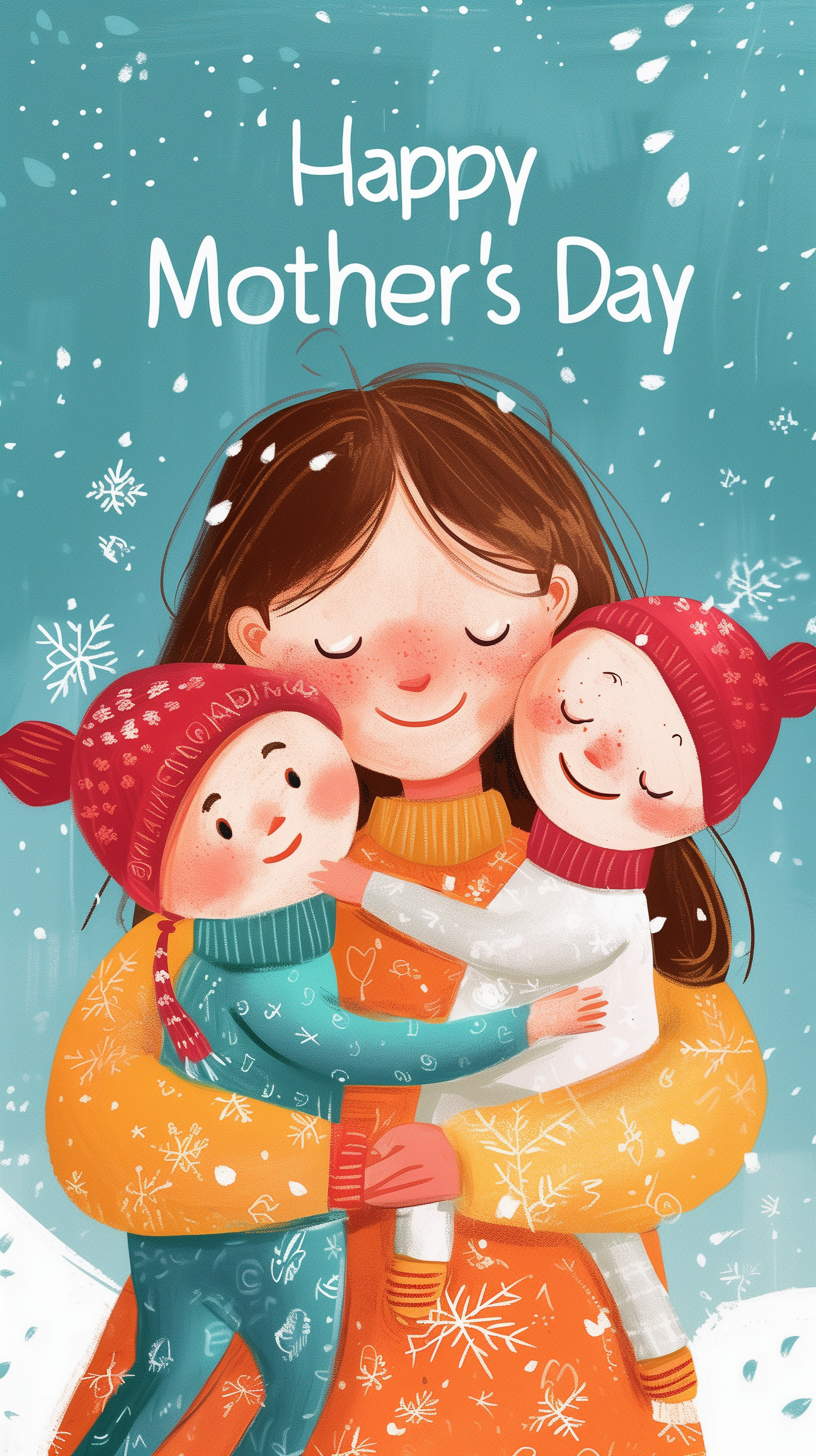 Happy Mother's Day phone wallpaper featuring an illustration of a smiling mother embracing two children wearing winter hats in a snowy setting.