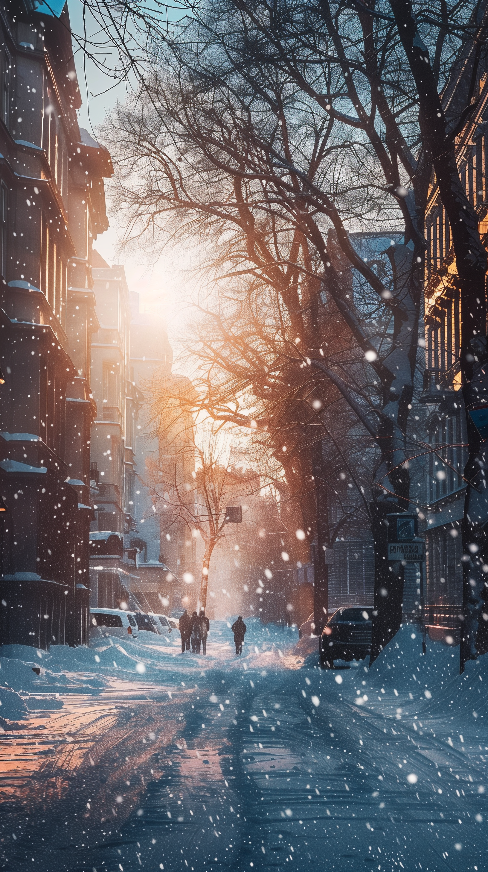 A snowy city street at sunrise with light filtering through the trees and people walking in the distance, suitable as a phone wallpaper.