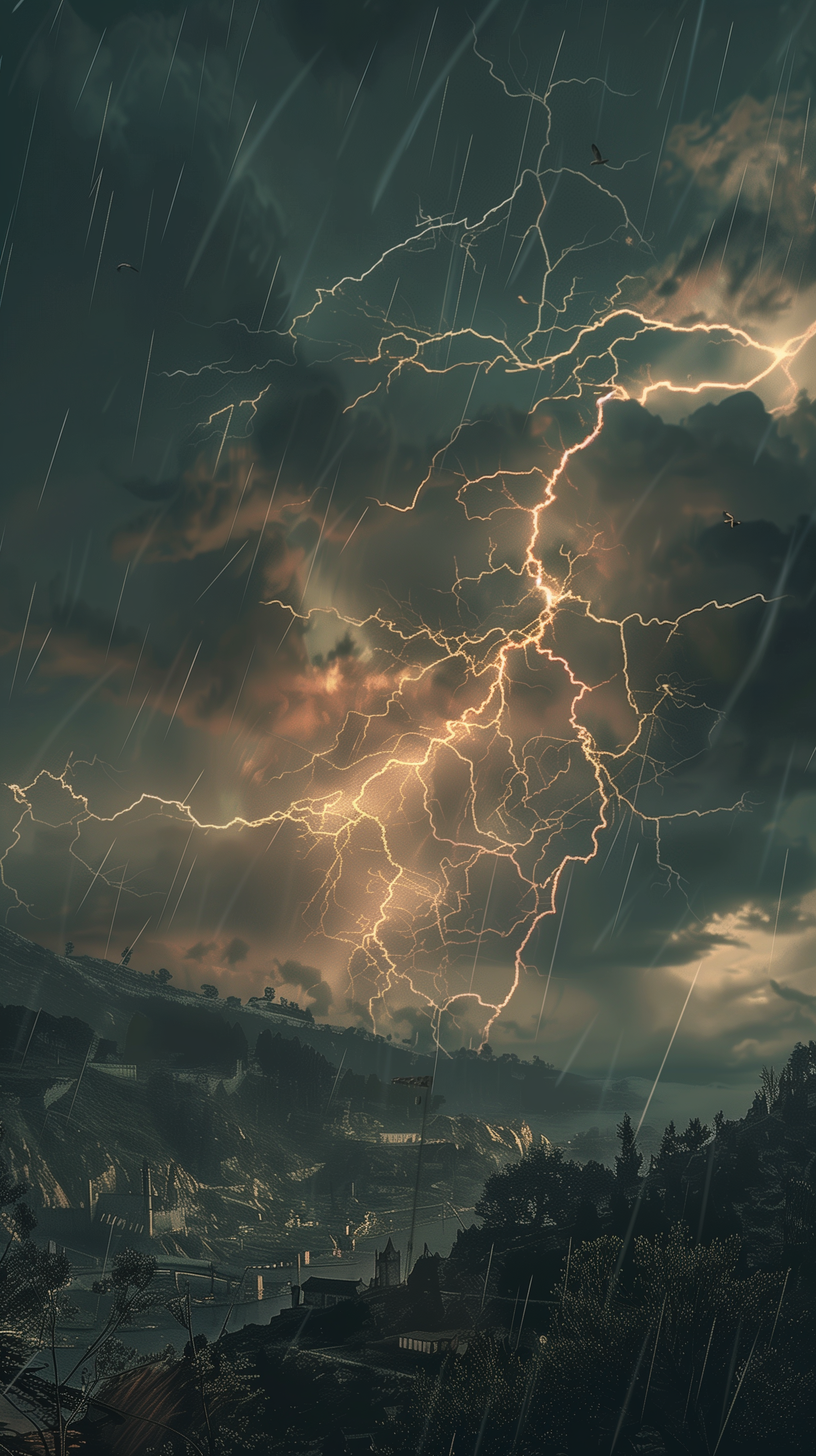 Dramatic phone wallpaper depicting a vivid lightning strike illuminating dark clouds during a thunderstorm over a hilly landscape.