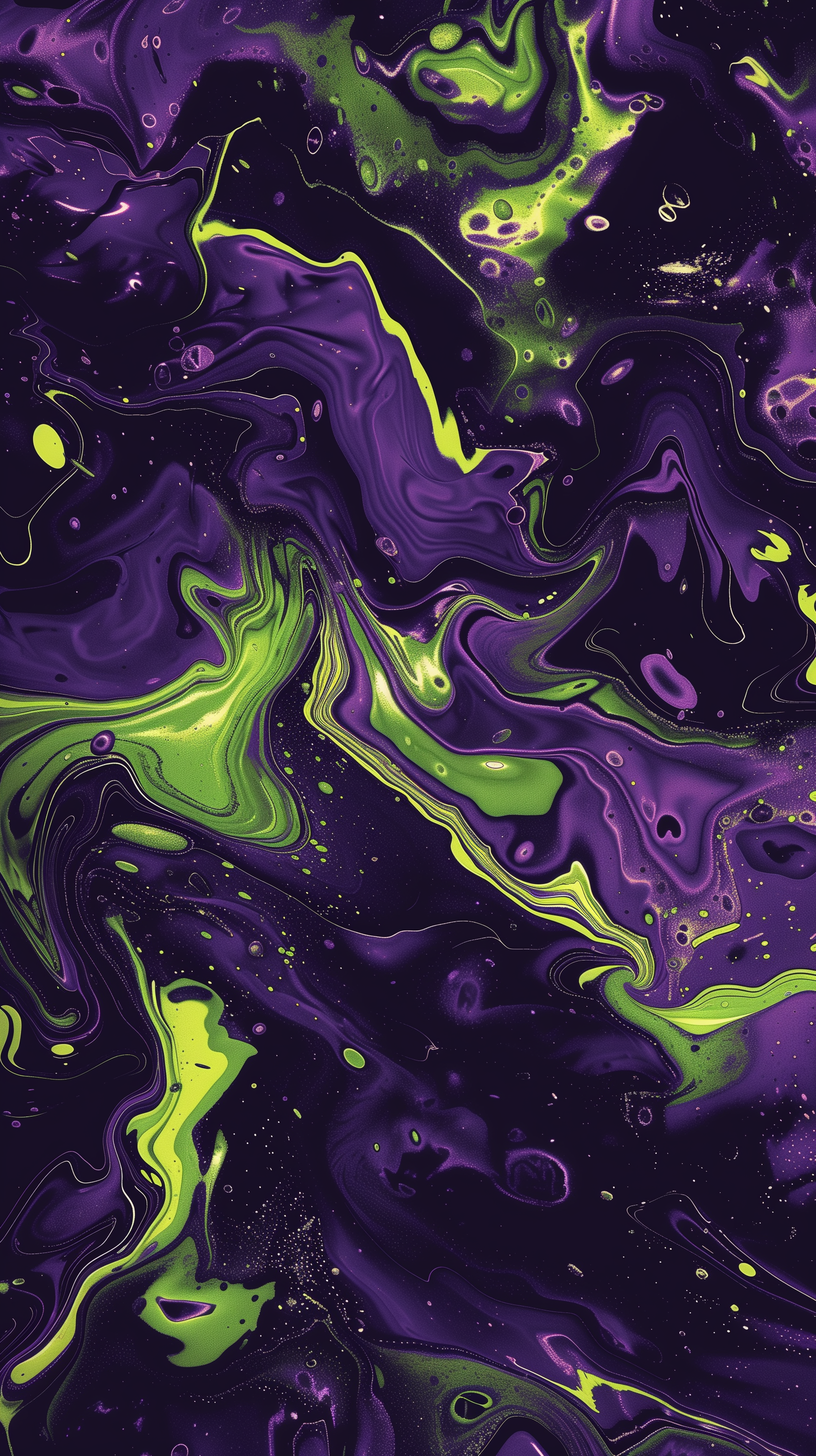 Abstract phone wallpaper featuring fluid swirls of vibrant purple and bright green, creating a striking and dynamic visual effect.