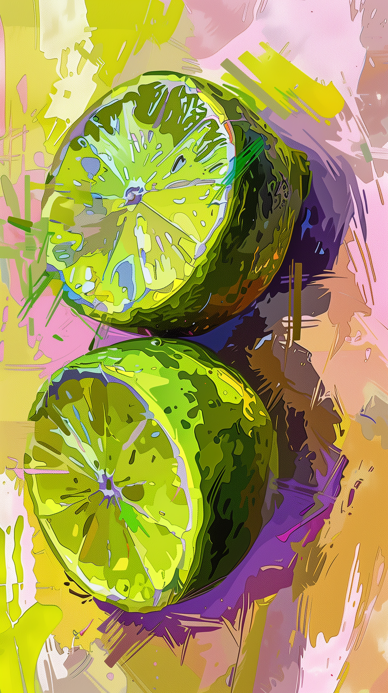 Artistic phone wallpaper featuring vibrant, stylized illustration of two lime halves on an abstract colorful background.