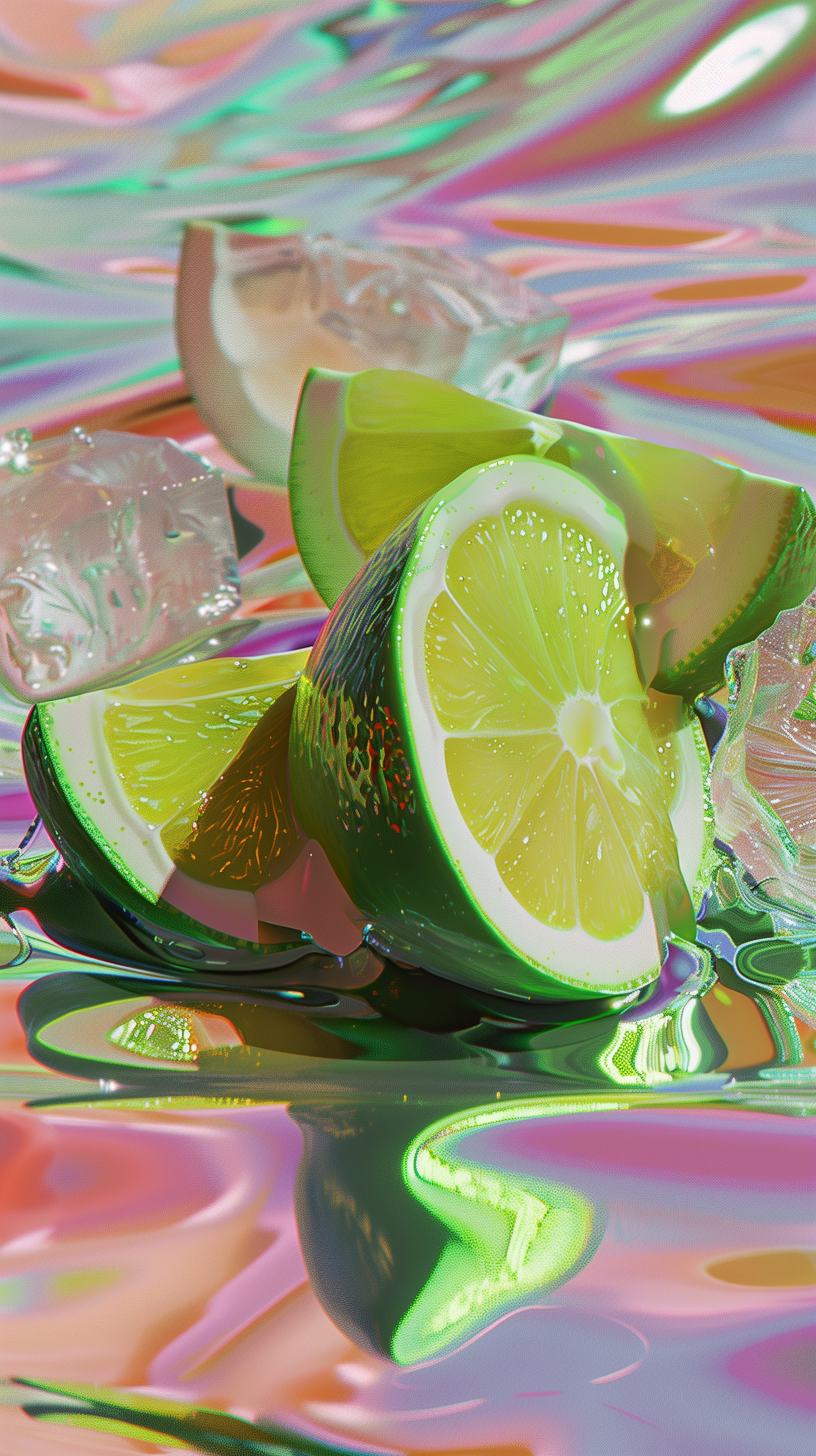 Artistic phone wallpaper featuring sliced limes and ice on a reflective surface with colorful, iridescent hues.