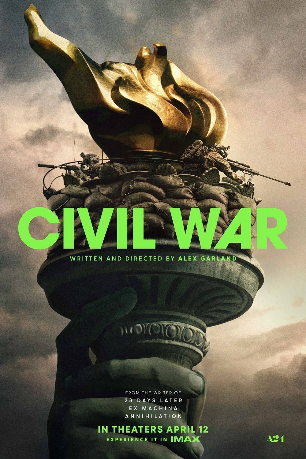 Promotional wallpaper for the movie Civil War (2024) featuring a stylized image of a crumbled statue with the movie's title in bold letters, and release details at the bottom.