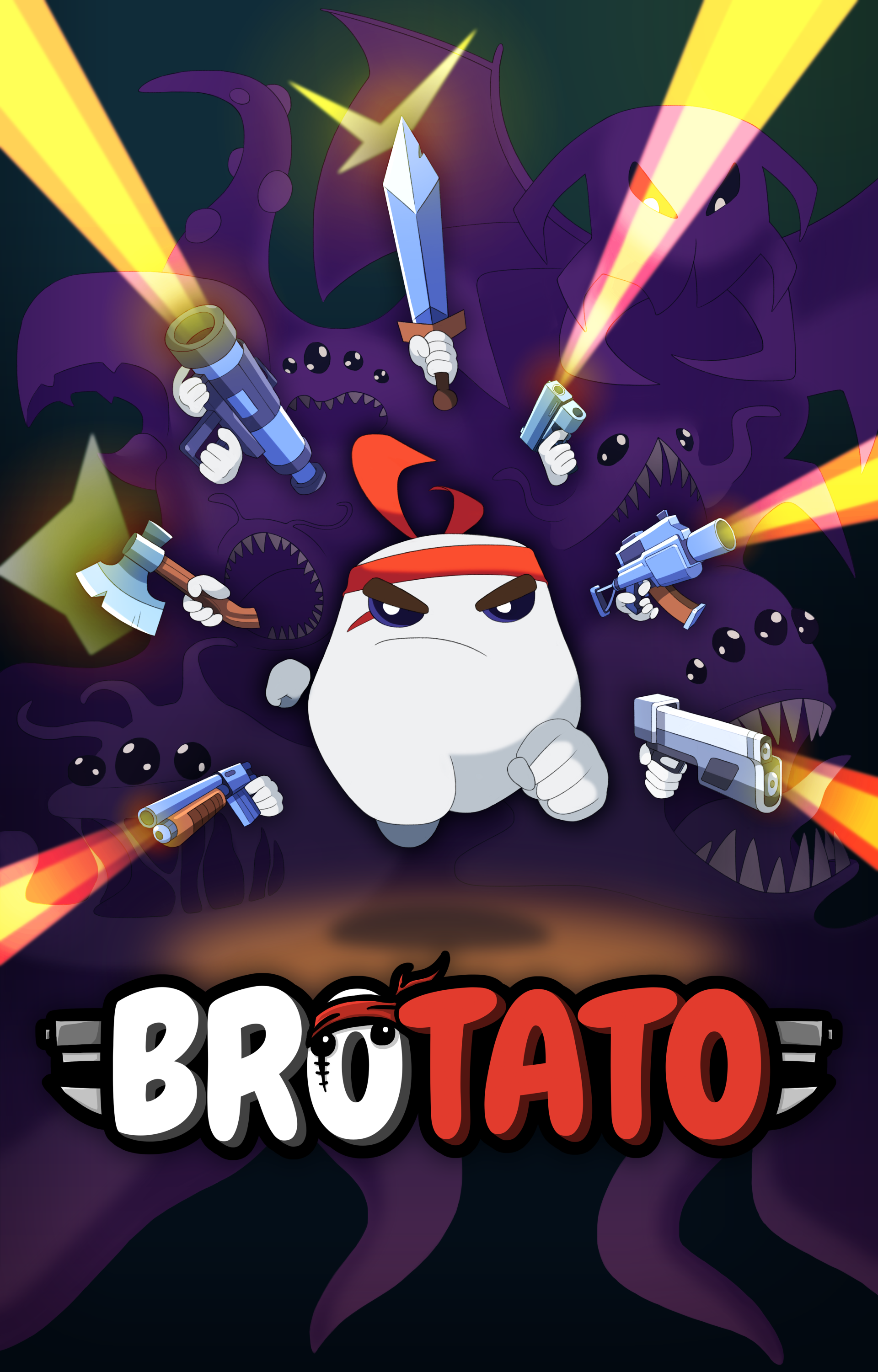 Phone wallpaper featuring the character from the video game Brotato surrounded by weapons with a stylized title logo at the bottom. The background is dark with purple shadowy figures.