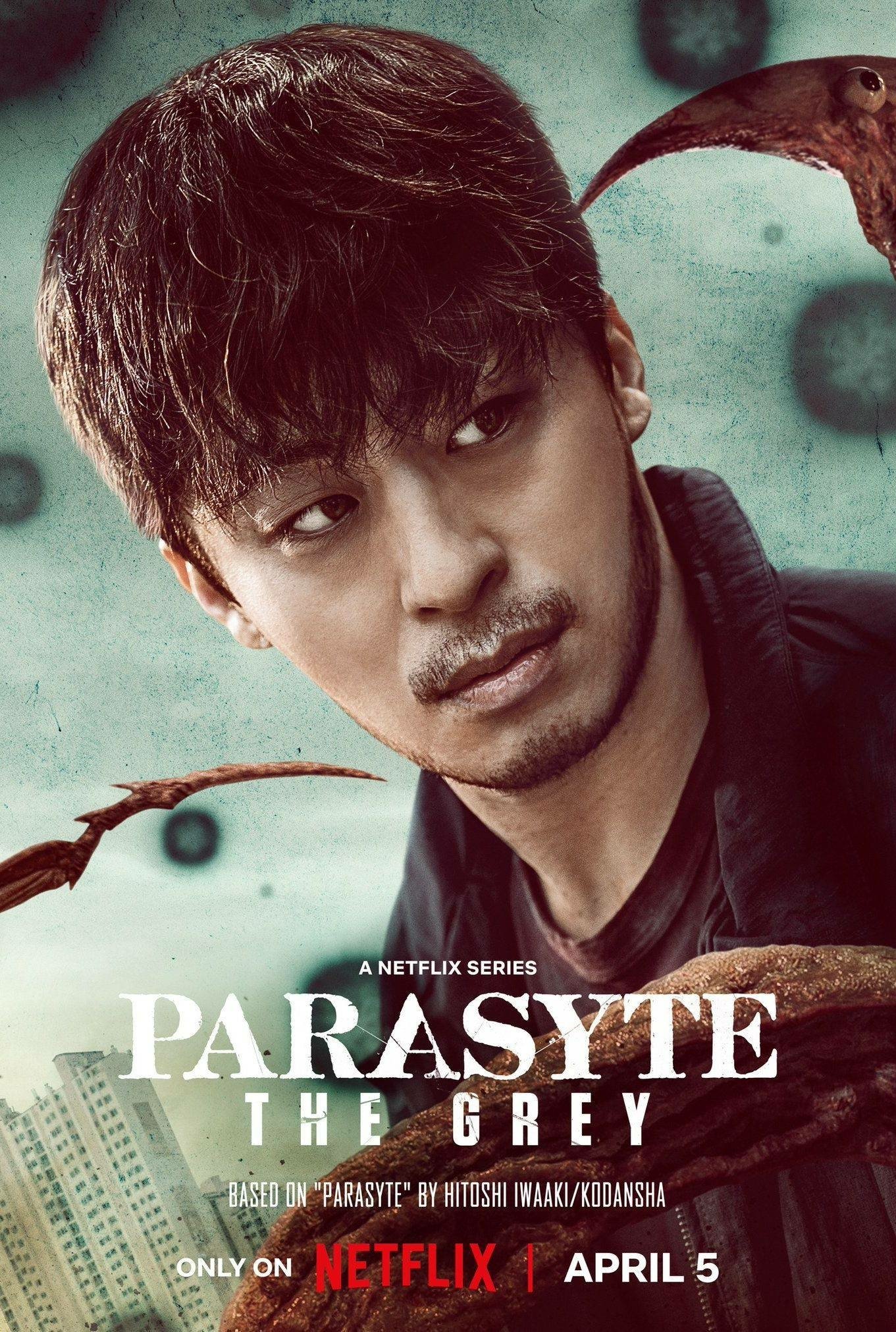 Phone wallpaper featuring a promotional image for the TV show Parasyte: The Grey, showing a pensive man with a somber expression, a bird in the background, and series details, including the Netflix logo and a release date of April 5.