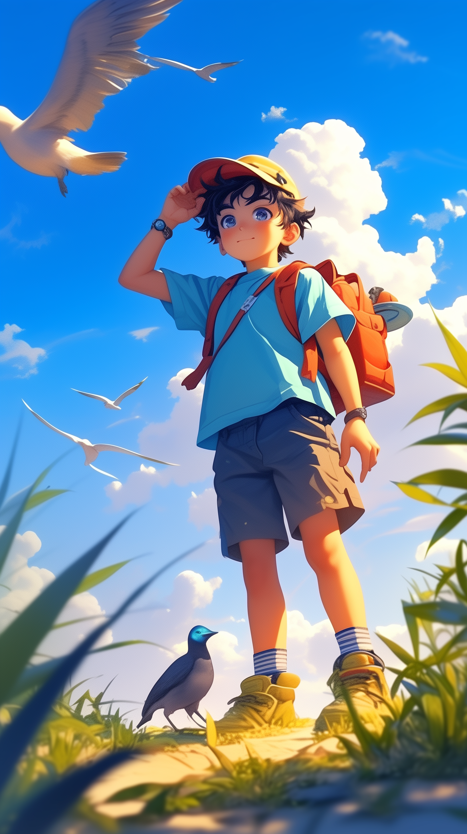 Phone wallpaper depicting a stylized illustration of a young person birdwatching, with a backpack on, looking up at the sky as birds fly around in a sunlit field.
