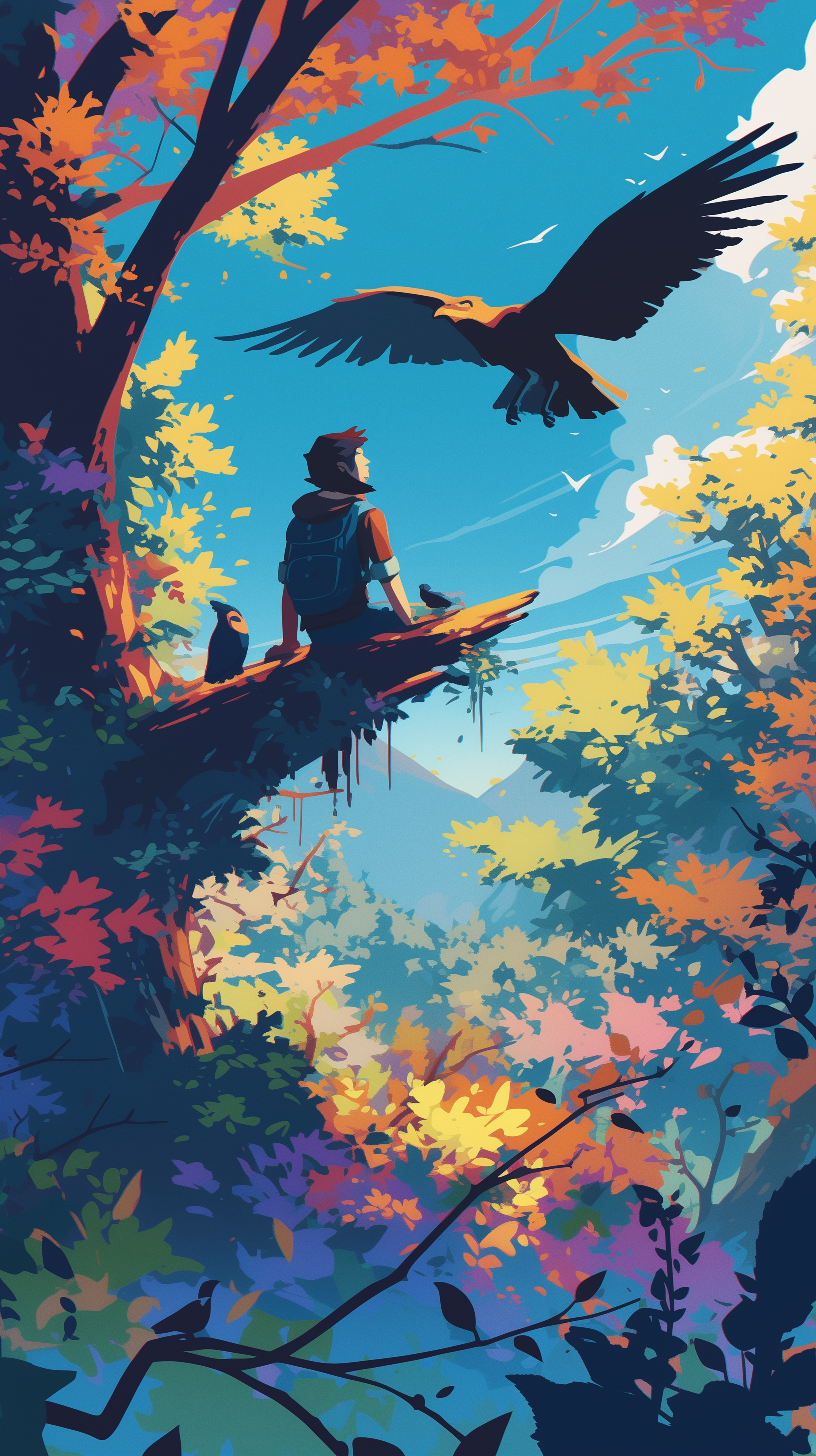 Phone wallpaper featuring an illustration of a person birdwatching from a high tree branch amidst vibrant, colorful autumn leaves, with a bird soaring in the sky above.