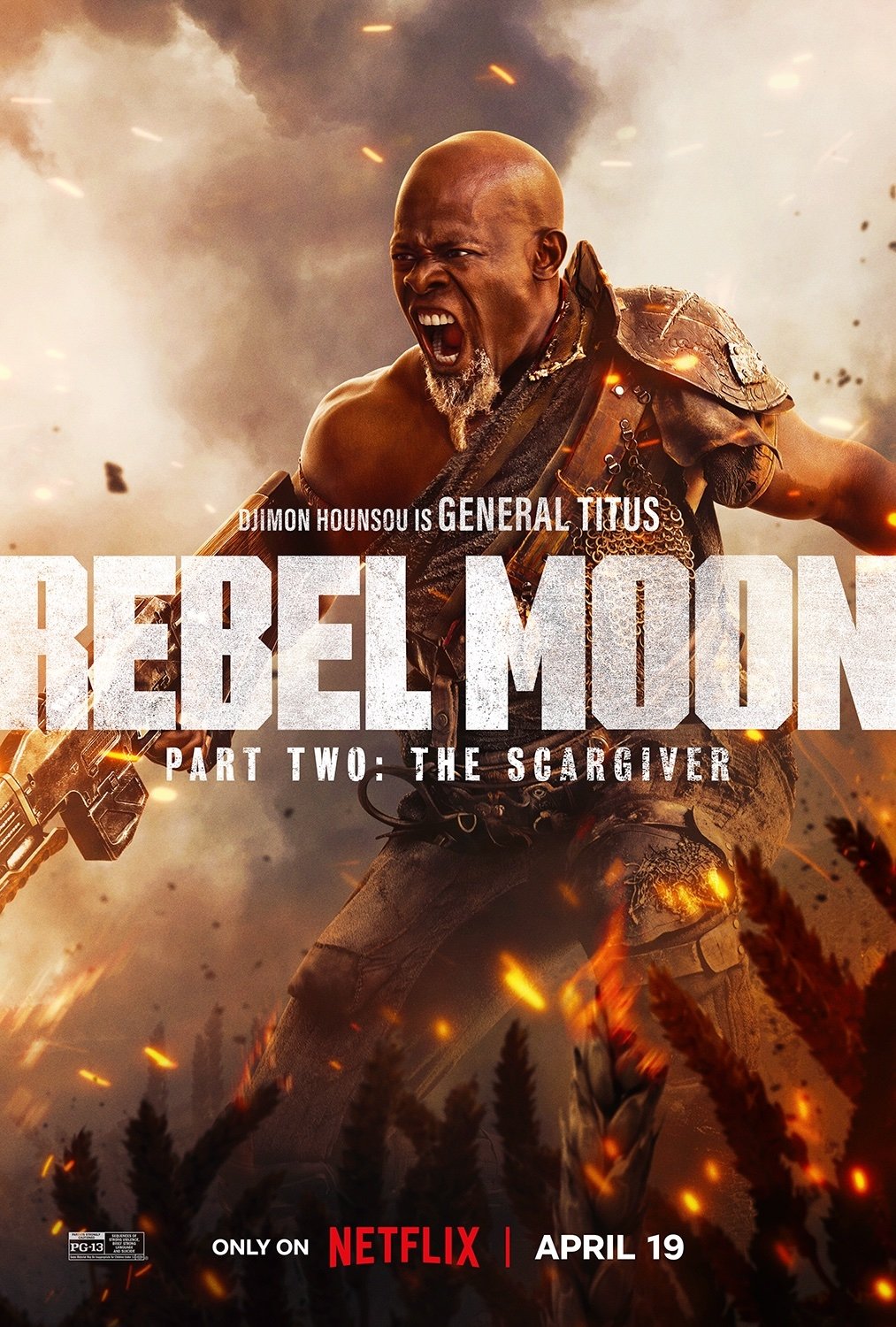 Promotional wallpaper for Rebel Moon - Part Two: The Scargiver showing a determined-looking character with the title and Netflix release date, set against a fiery, chaotic backdrop.