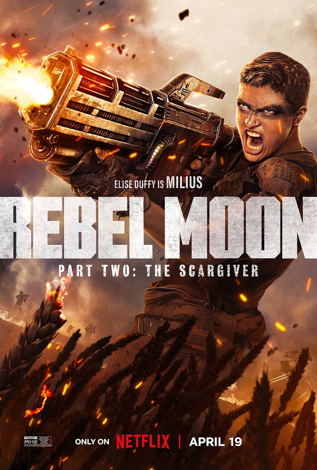 Phone wallpaper of Rebel Moon - Part Two: The Scargiver movie poster featuring an intense character holding a weapon with a dramatic, fiery background. Text indicates it's available on Netflix starting April 19.