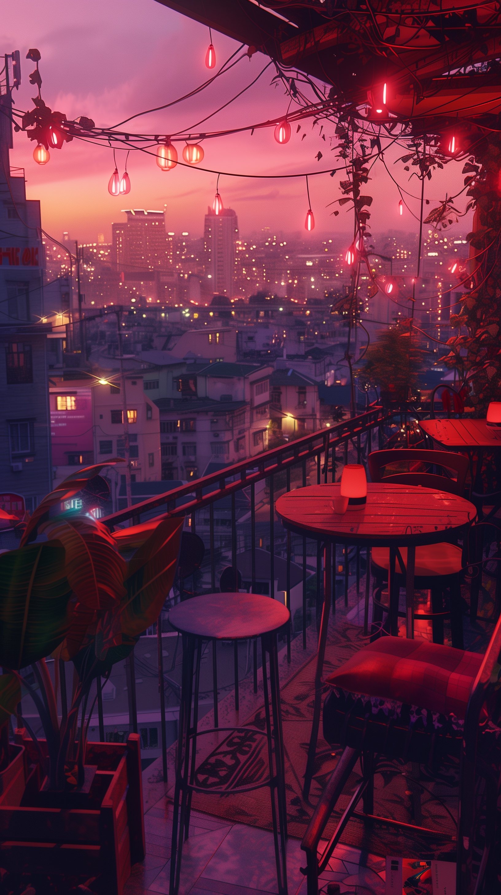Lofi-style phone wallpaper featuring a cozy city balcony at sunset with hanging lights and a view of urban buildings in the background.