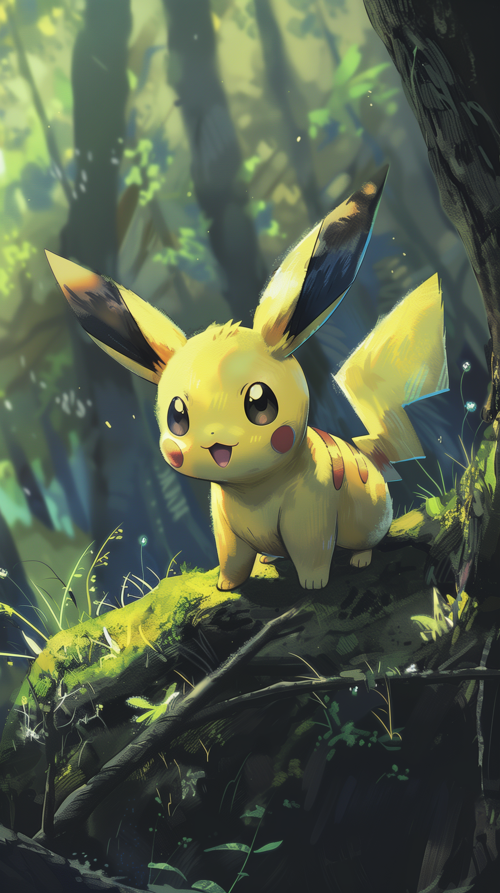 A digital illustration of Pichu, the Pokémon, standing on a forest log with sunlight filtering through the trees, designed as a phone wallpaper.