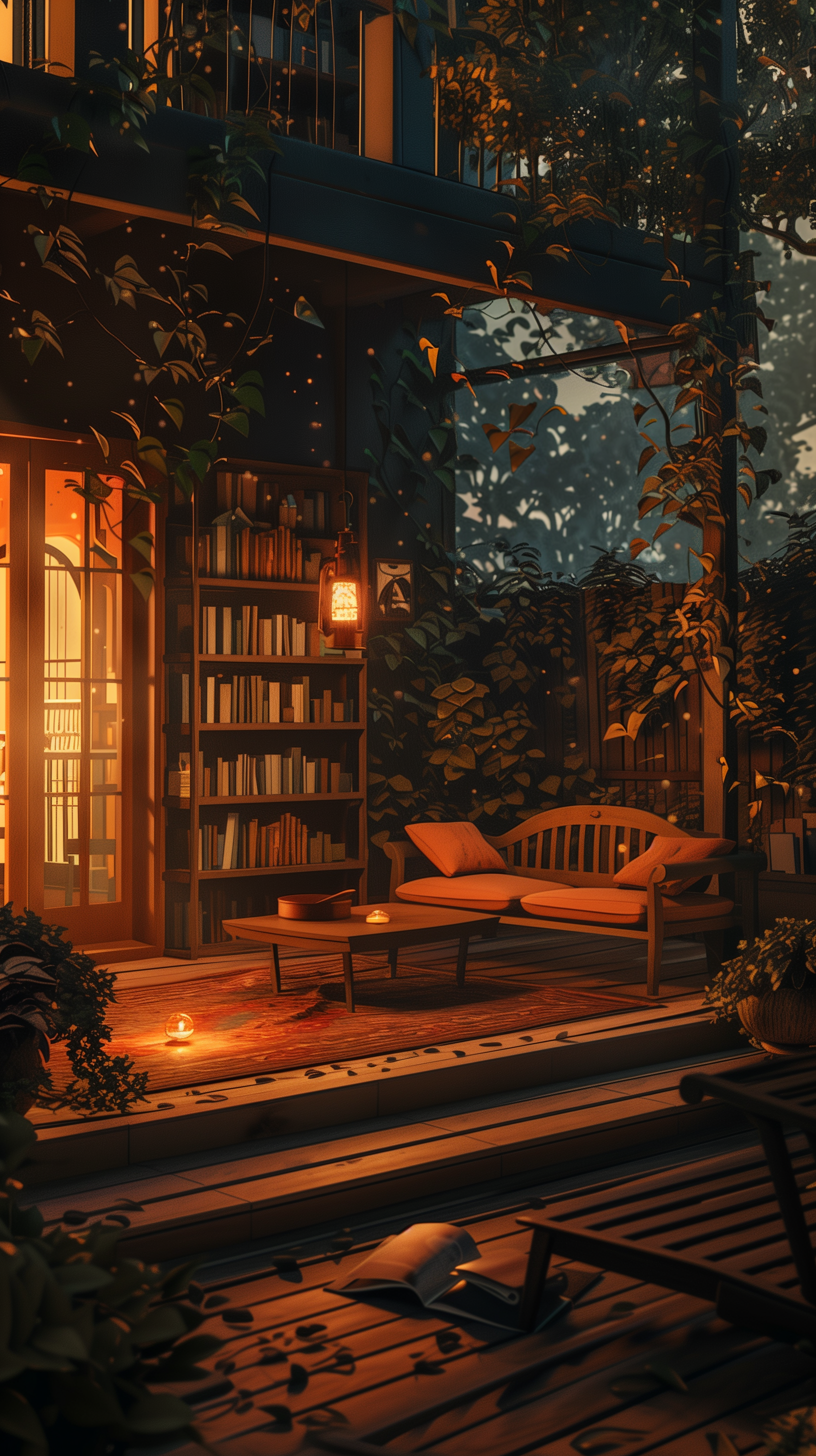 A cozy patio scene with warm lighting, lush greenery, and a bookshelf. This serene atmosphere captures the essence of lofi aesthetics, making it a calming phone wallpaper.