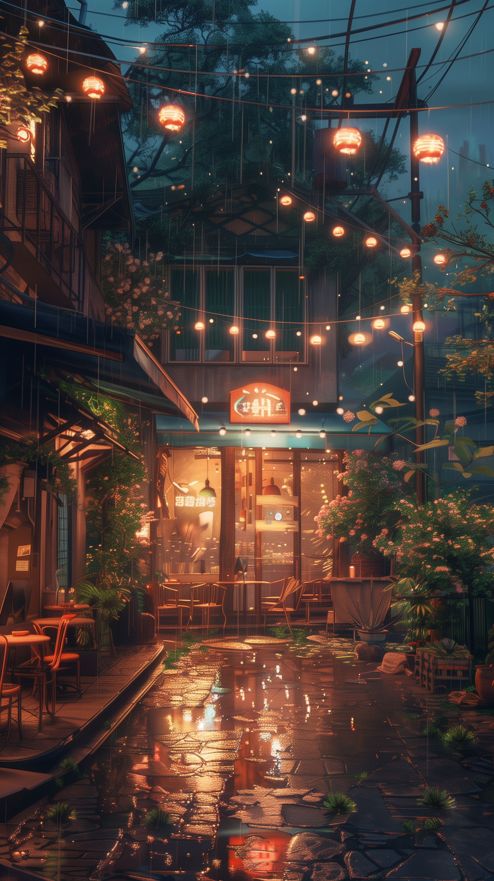 Phone wallpaper depicting a cozy lofi-style building with a café at night, adorned with hanging lights and a reflective wet pavement.