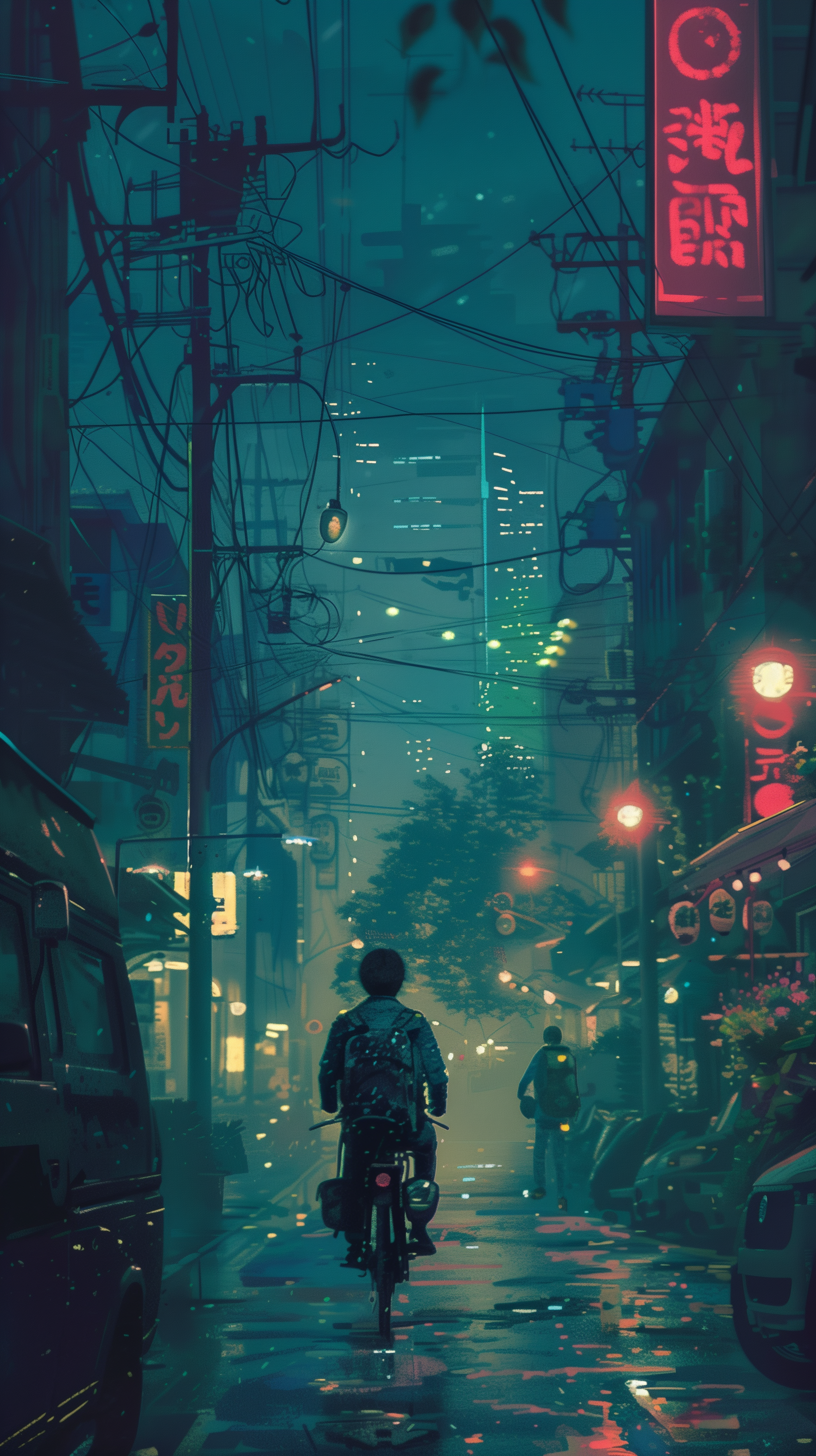 A lo-fi aesthetic phone wallpaper featuring a moody city scene with a person riding a bicycle along a rain-soaked street, illuminated by neon signs at dusk.