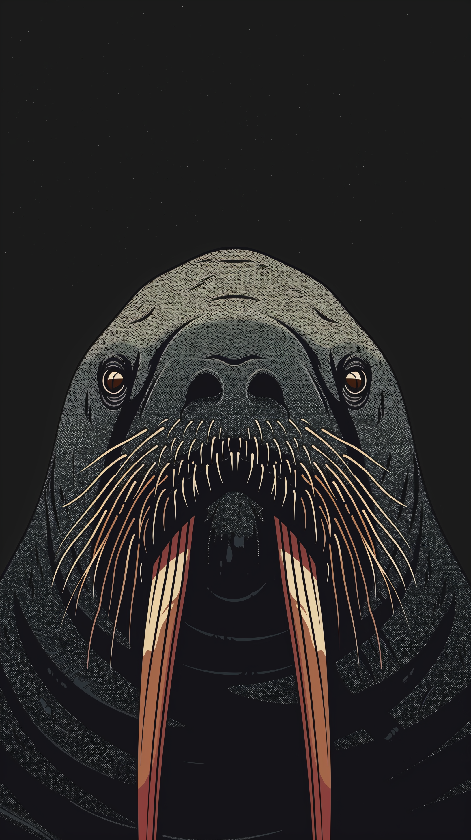 Phone wallpaper featuring a stylized illustration of a walrus facing forward with prominent whiskers against a dark background.