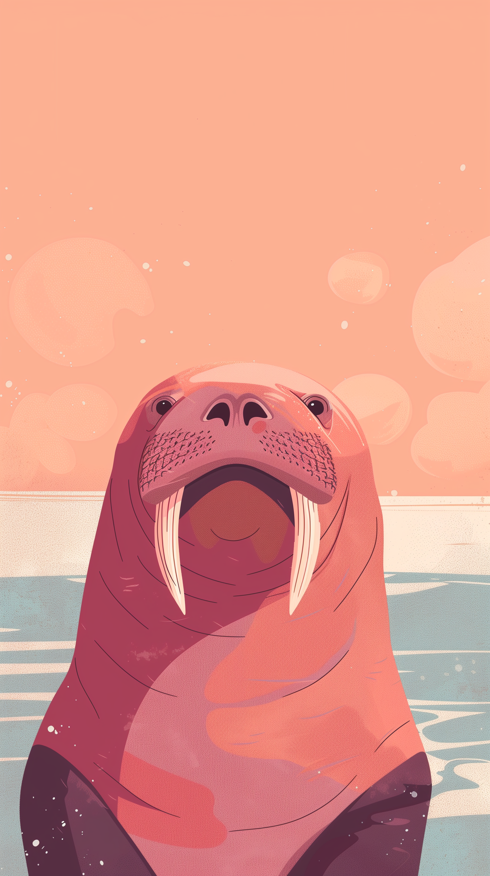 Illustrated phone wallpaper featuring a stylized walrus with a pastel sunset background.