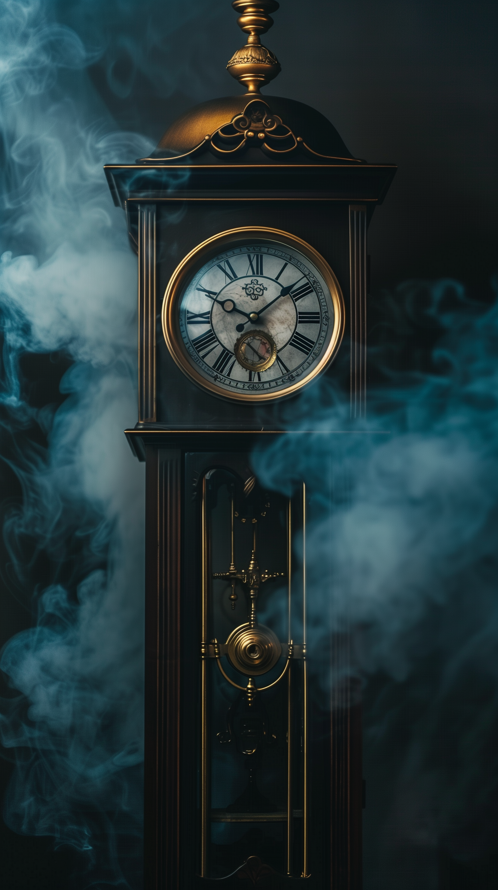 Phone wallpaper featuring an elegant grandfather clock enveloped in swirling blue smoke on a dark background.