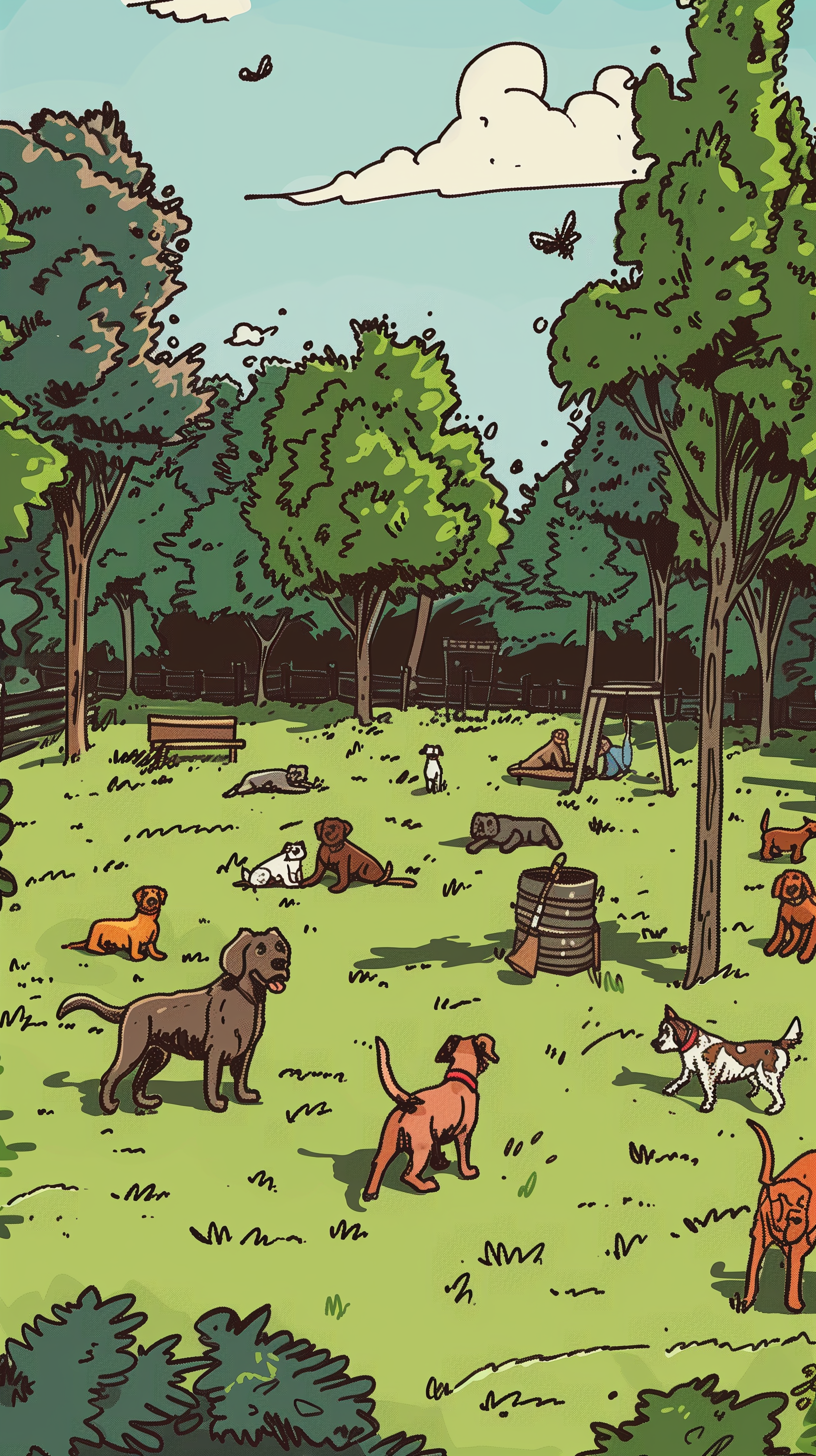 Illustration of various dogs enjoying themselves in a vibrant dog park, suitable as a phone wallpaper.