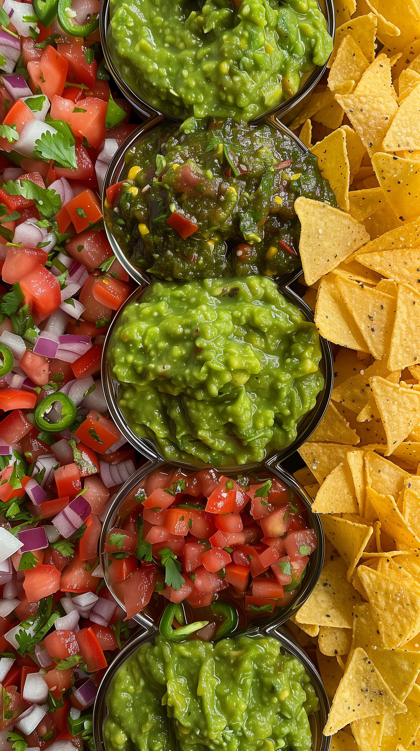 Vertical phone wallpaper featuring bowls of fresh guacamole and salsa with a side of tortilla chips.