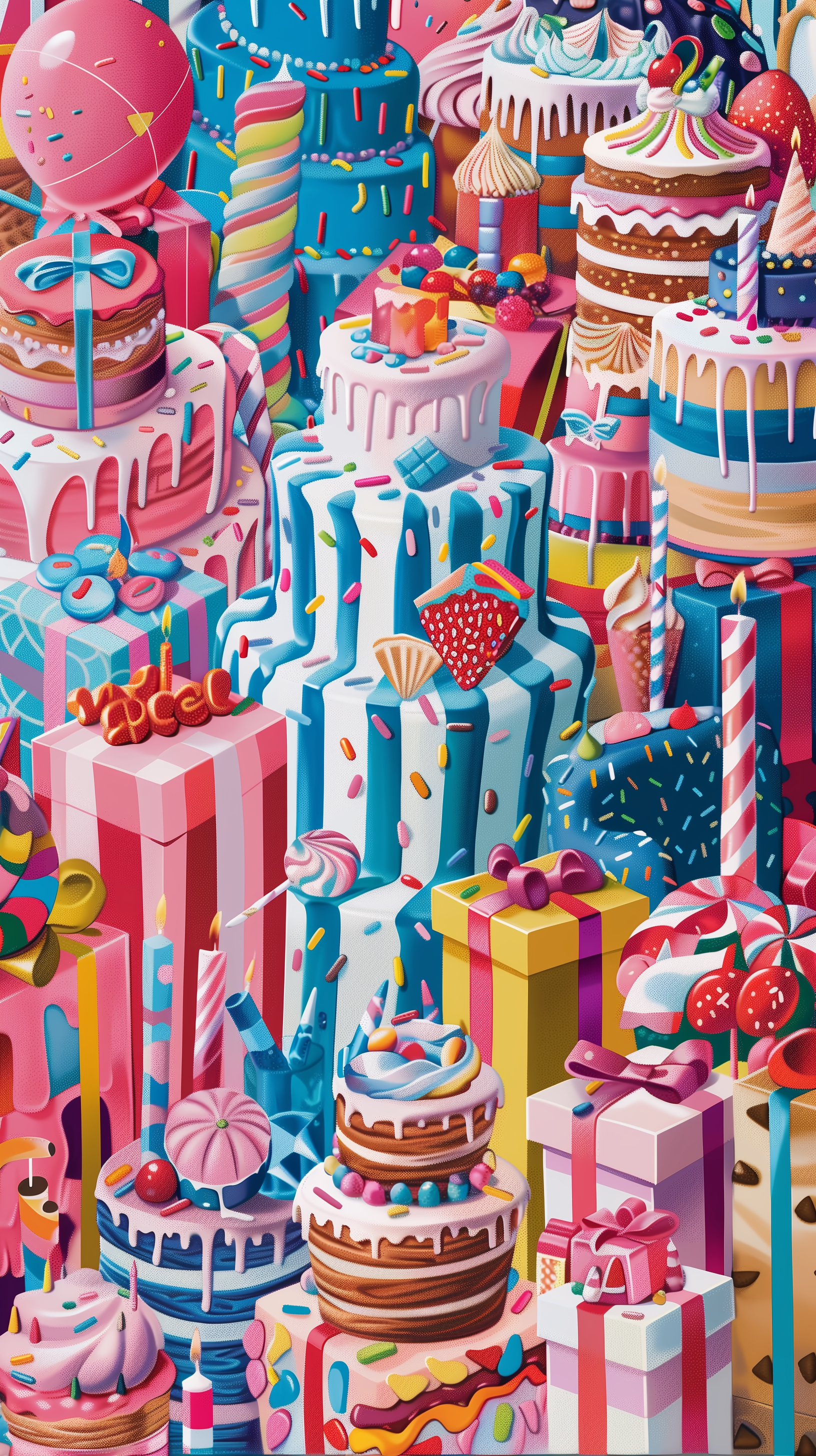 A vibrant, whimsical scene filled with towering birthday cakes, colorful presents, and festive candles, capturing the joyful essence of a birthday party celebration.
