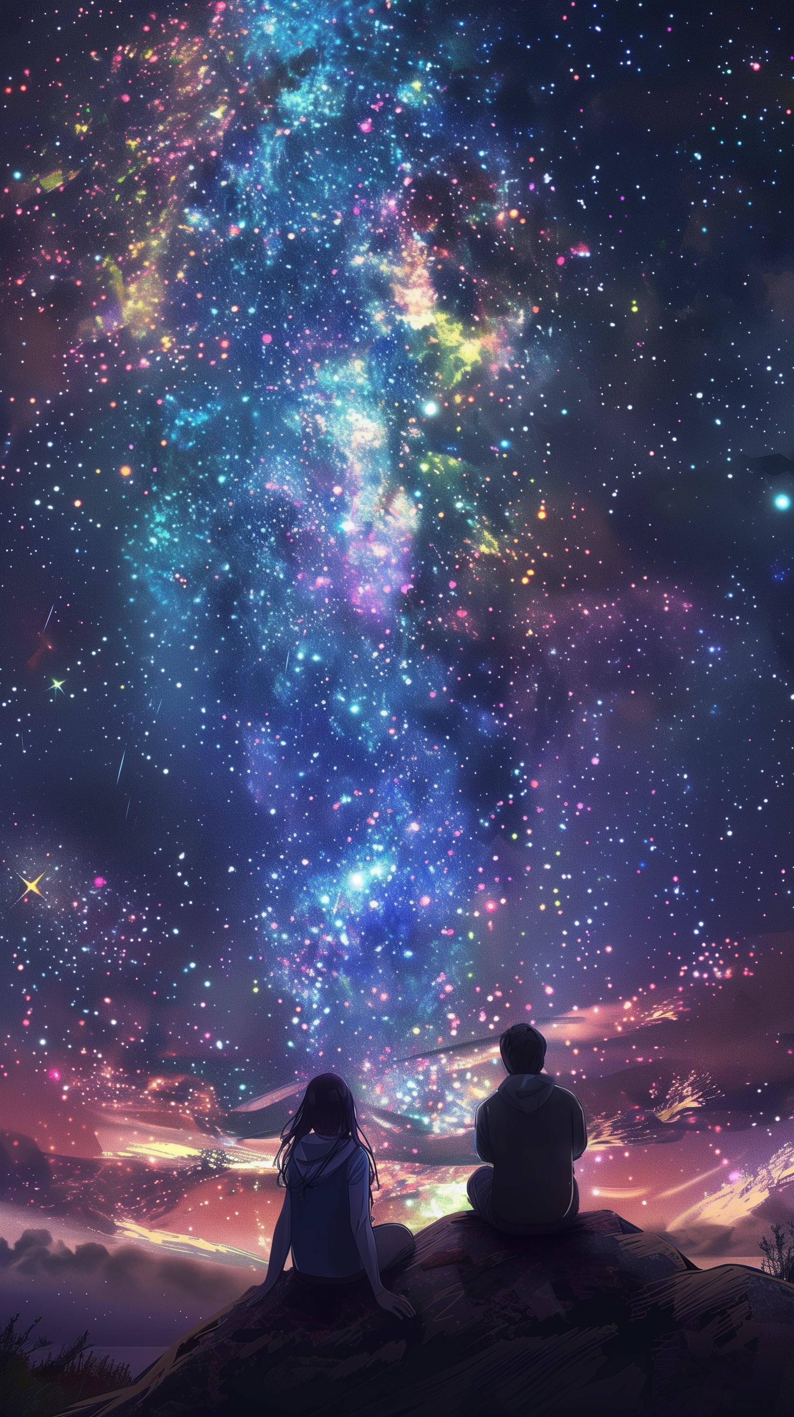 Phone wallpaper featuring two people sitting on a hill, gazing at a vibrant galaxy filled with stars, with a majestic purple and blue nebula illuminating the night sky.