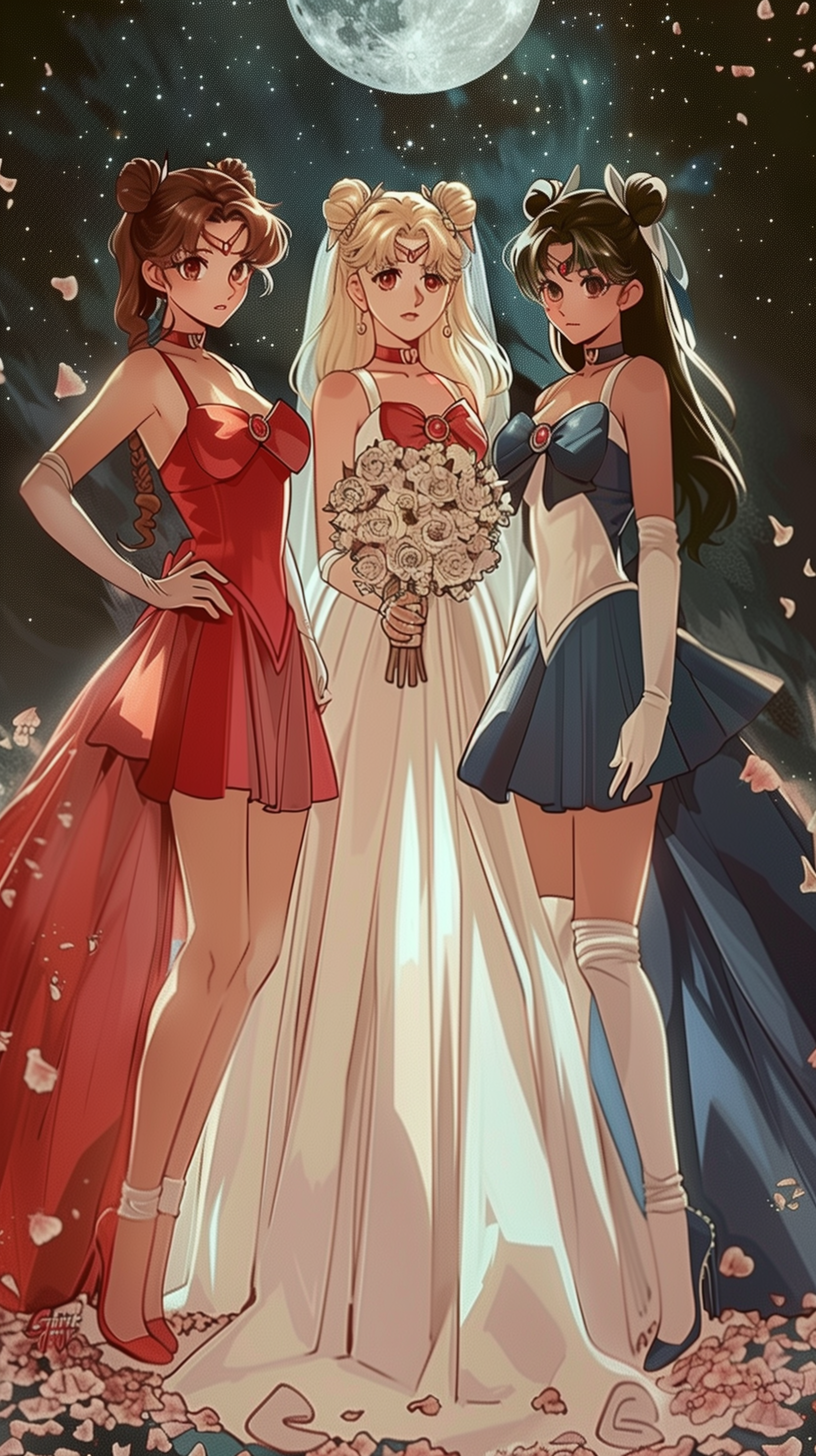A vibrant phone wallpaper featuring Sailor Moon as a bride, flanked by bridesmaids in elegant dresses. The scene is set against a moonlit background with falling petals.
