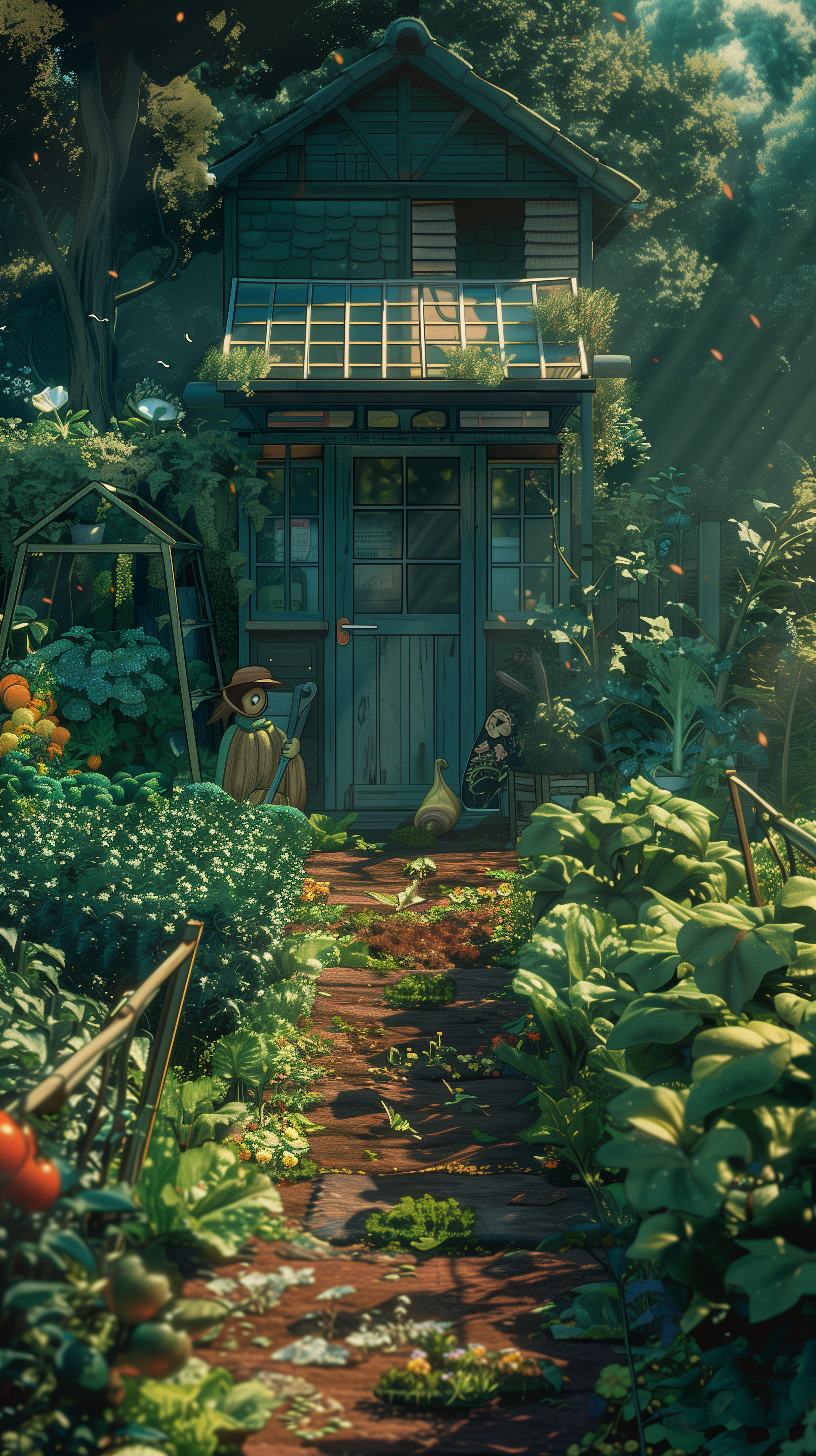 A serene vegetable garden with vibrant greens and ripening crops, featuring a charming greenhouse and two figures enjoying the peaceful atmosphere, creating a soothing phone wallpaper.