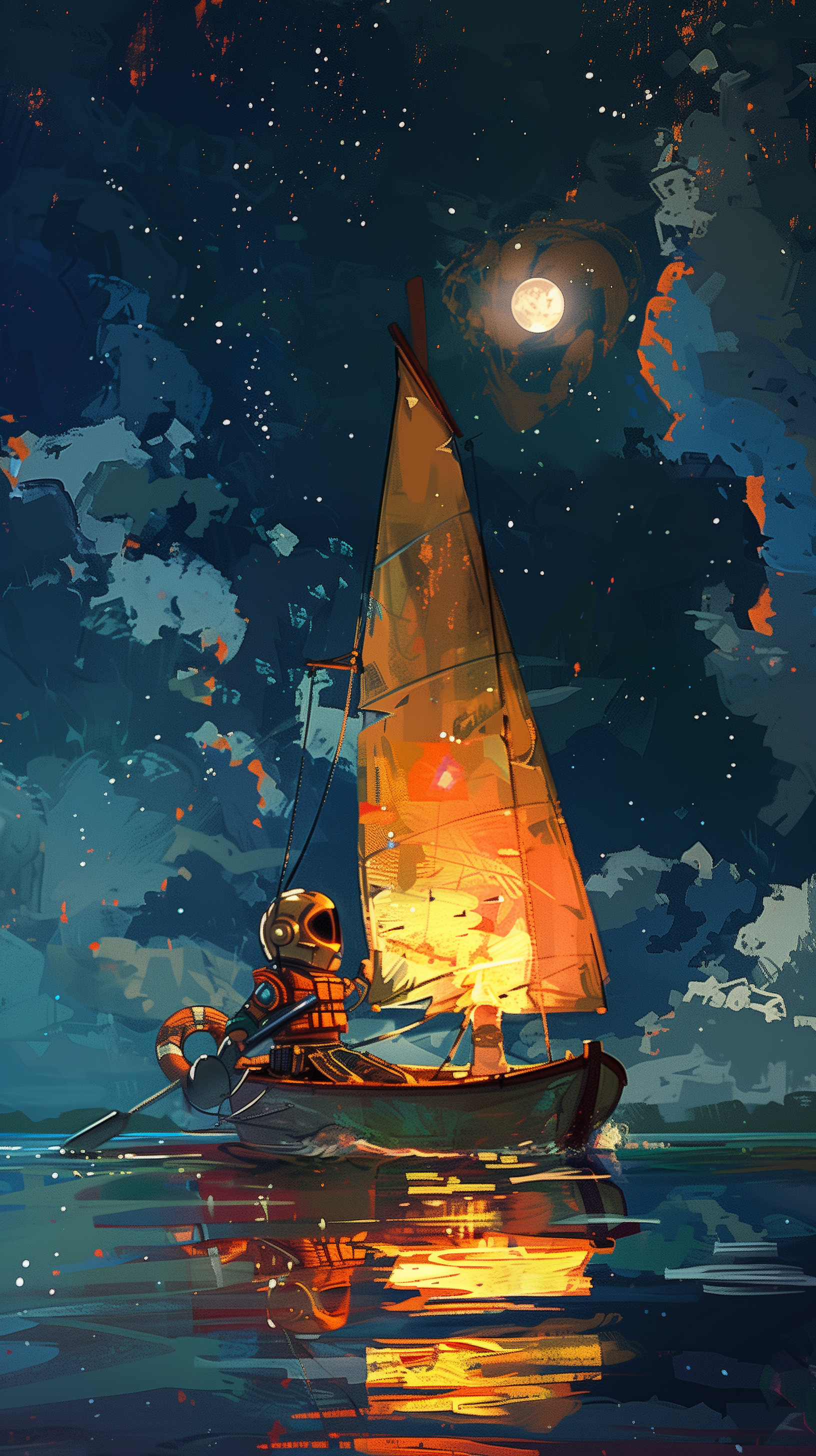 A stylized wallpaper illustration of a sailor on a small boat with a lit sail, navigating a cosmic sea under a starry sky with a moon overhead, blending themes of seafaring and space piracy.