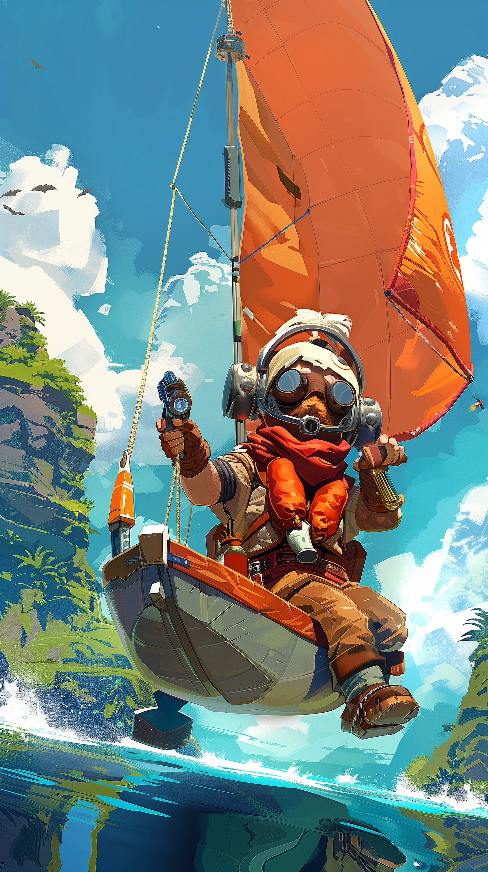 A dynamic phone wallpaper featuring a space pirate with a laser gun, sailing on a boat with an orange sail, set against a vibrant blue sky and lush green landscape.