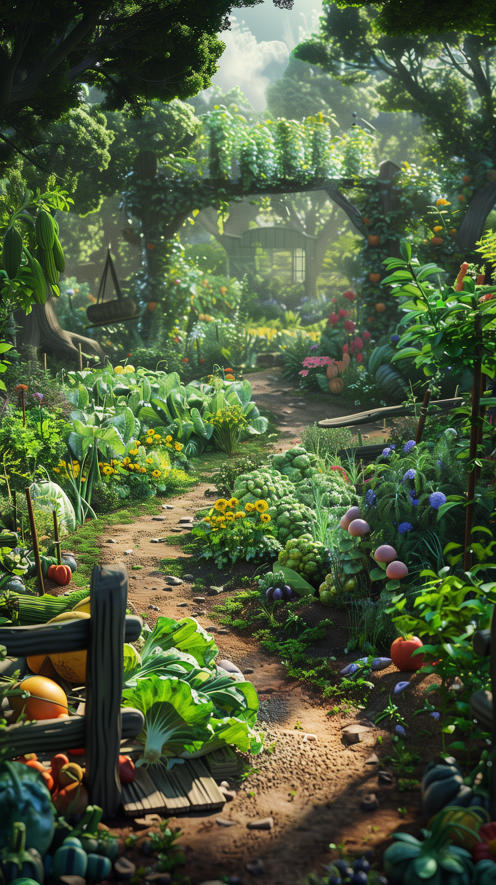 A lush vegetable garden wallpaper for a phone, featuring an enchanting pathway lined with a variety of vibrant vegetables and greenery, bathed in soft sunlight.