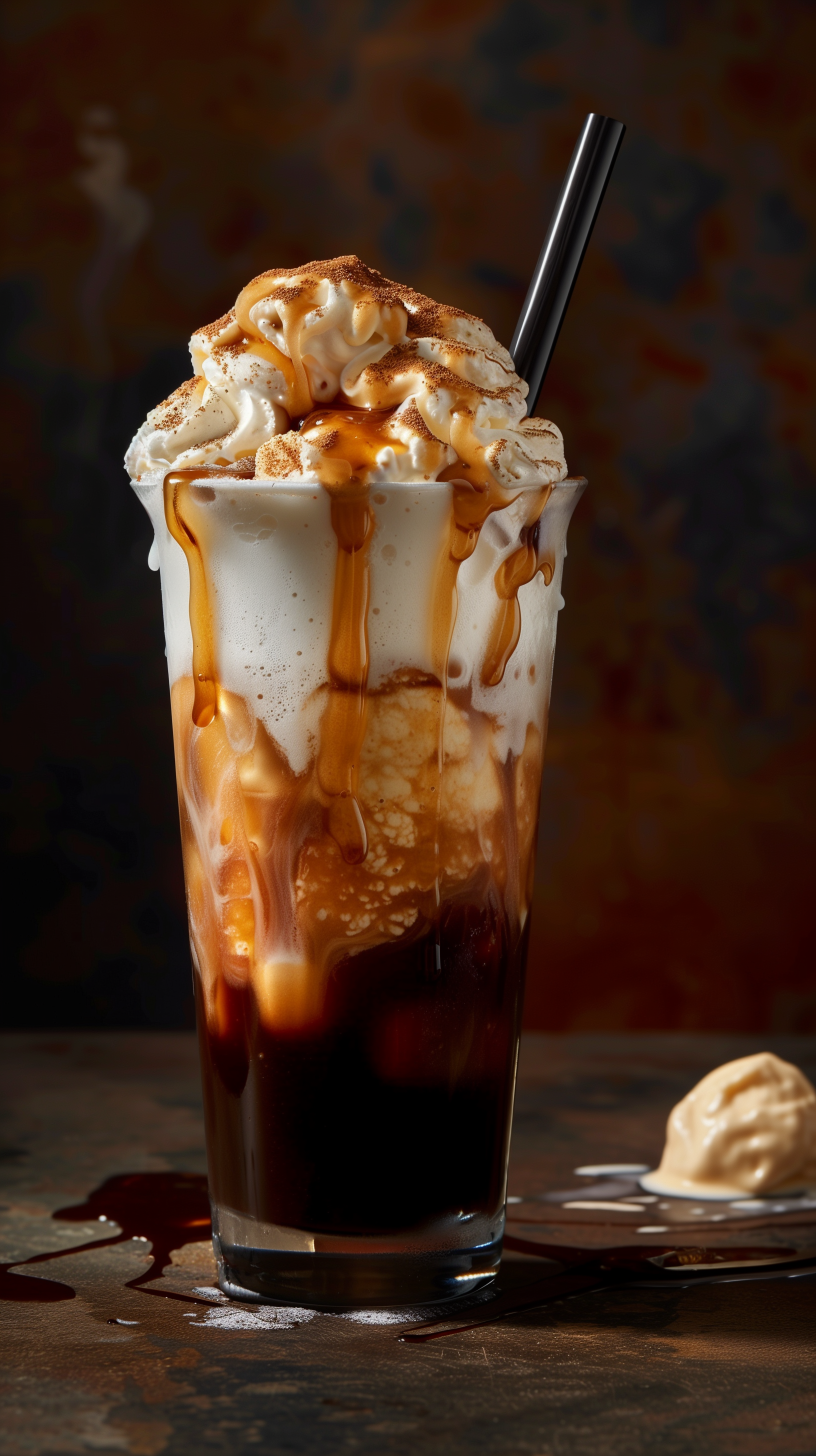 Wallpaper image of a decadent root beer float with vanilla ice cream, overflowing foam, and caramel drizzle in a tall glass with a straw, set against an abstract background.