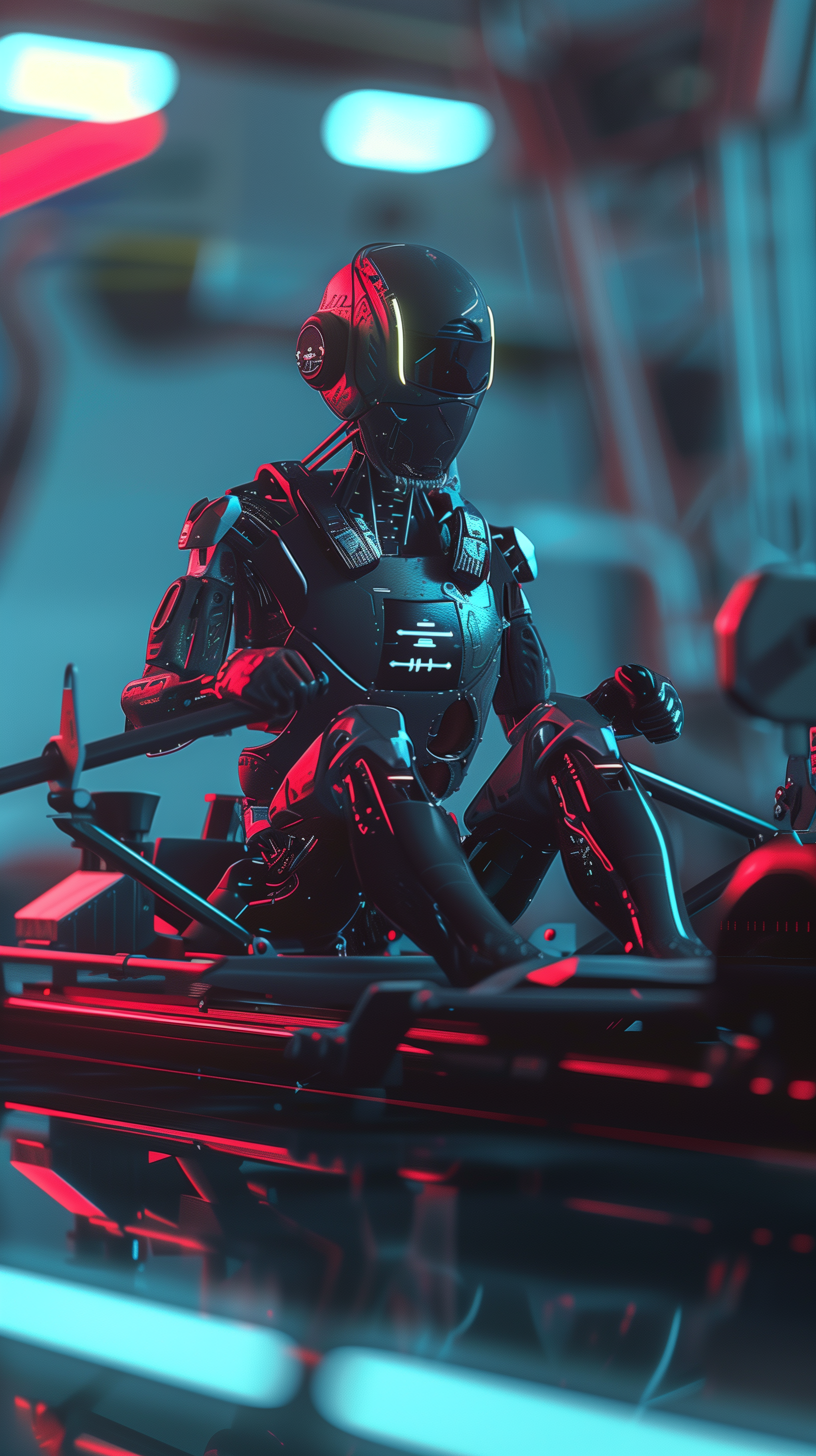 Phone wallpaper featuring a detailed android using a rowing machine in a futuristic setting with red and blue neon lighting.