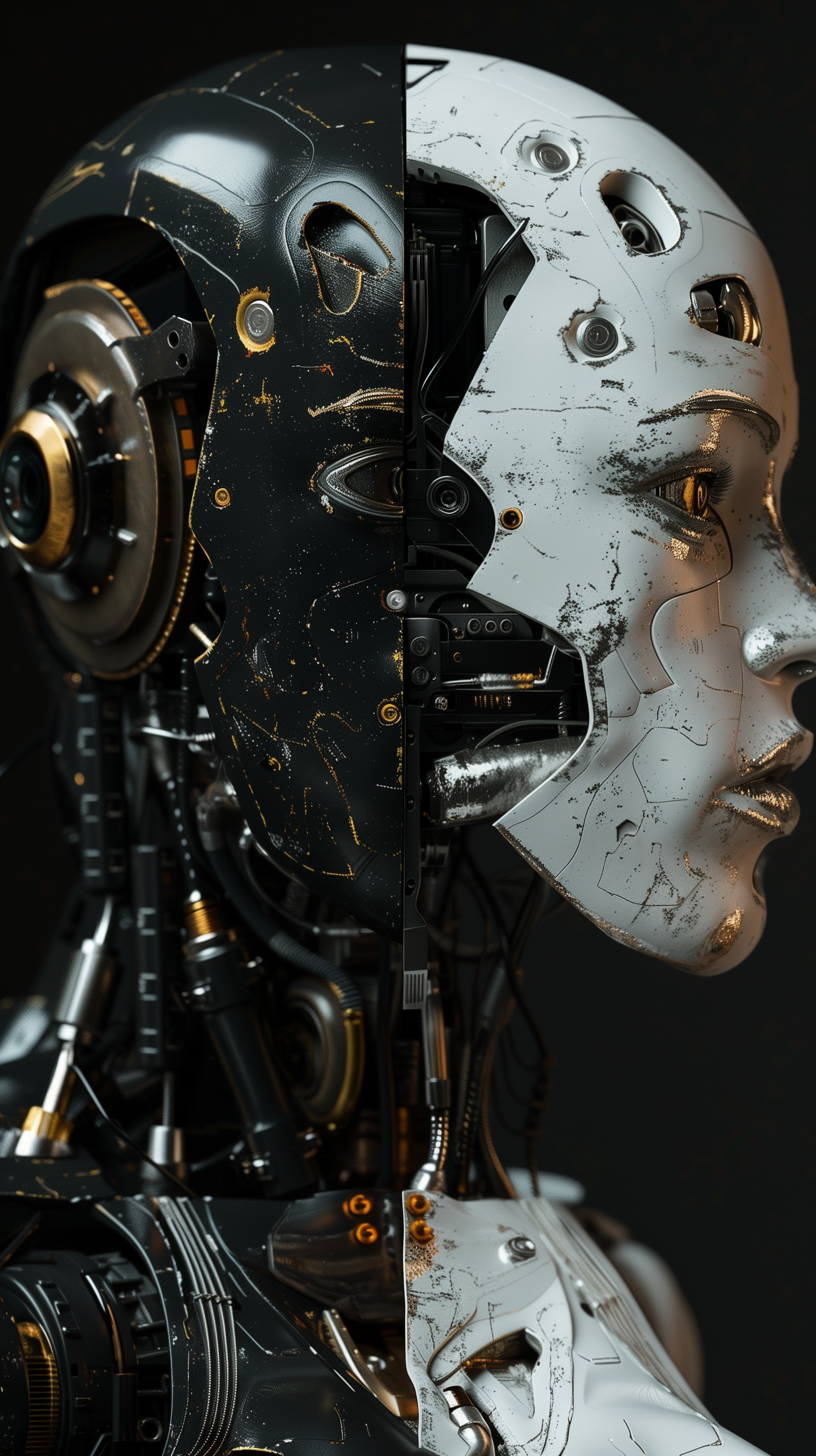 A phone wallpaper featuring a conceptual image of a robot with a dual-face design, highlighting a split personality theme, merging an android's mechanical parts with a human-like visage.