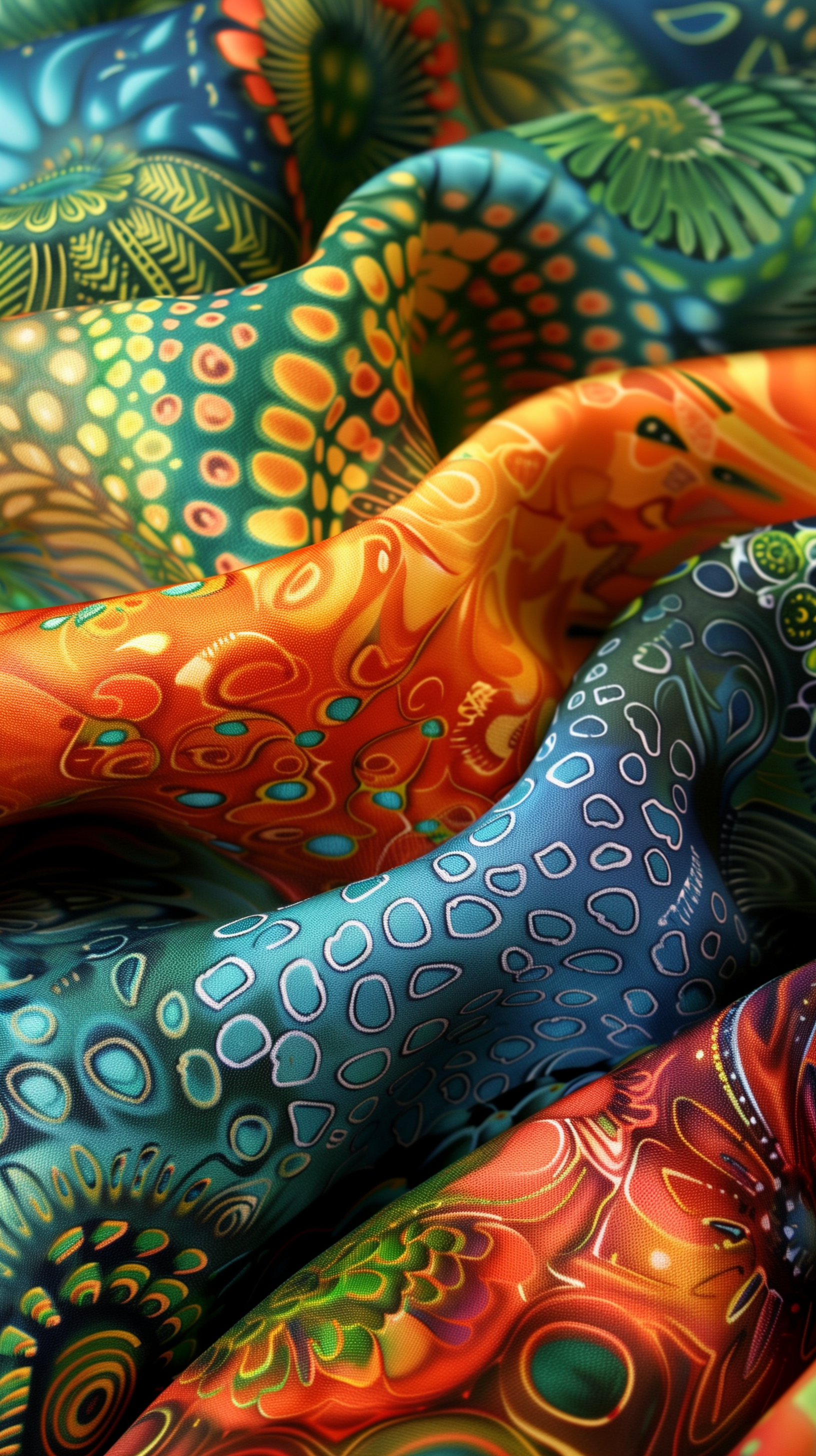 Colorful patterned fabric with intricate designs, suitable as a phone wallpaper.