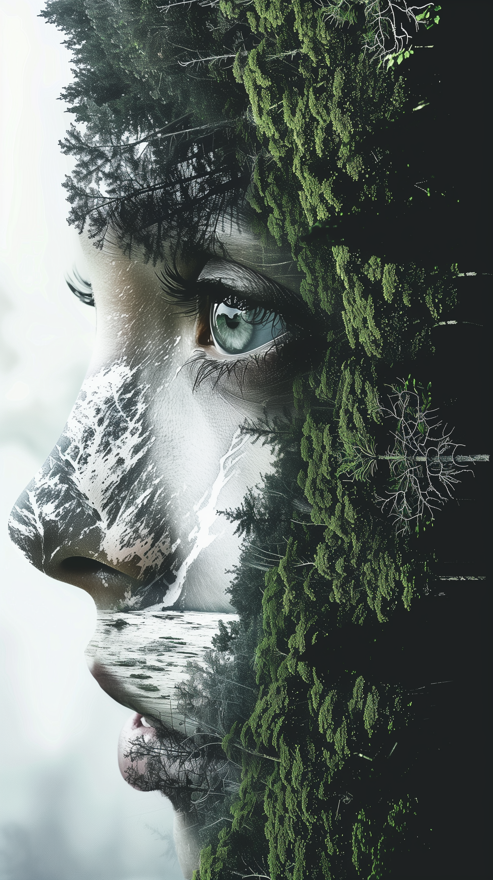 Phone wallpaper featuring a creative representation of a split personality with one side depicting a human face and the other side blending into a forest and mountain landscape, highlighting a prominent eye at the center.