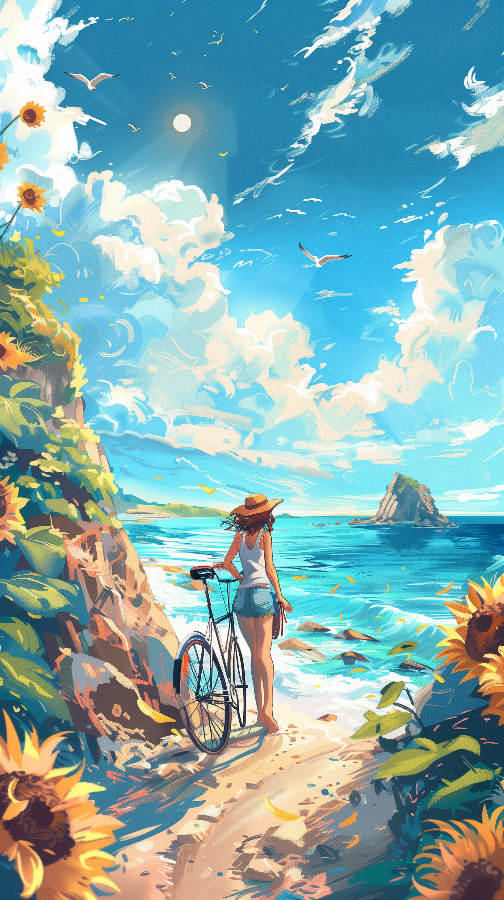Phone wallpaper featuring an illustrated sunny day at the beach with a person standing next to a bicycle, surrounded by sunflowers, with the ocean and a rock formation in the distance.