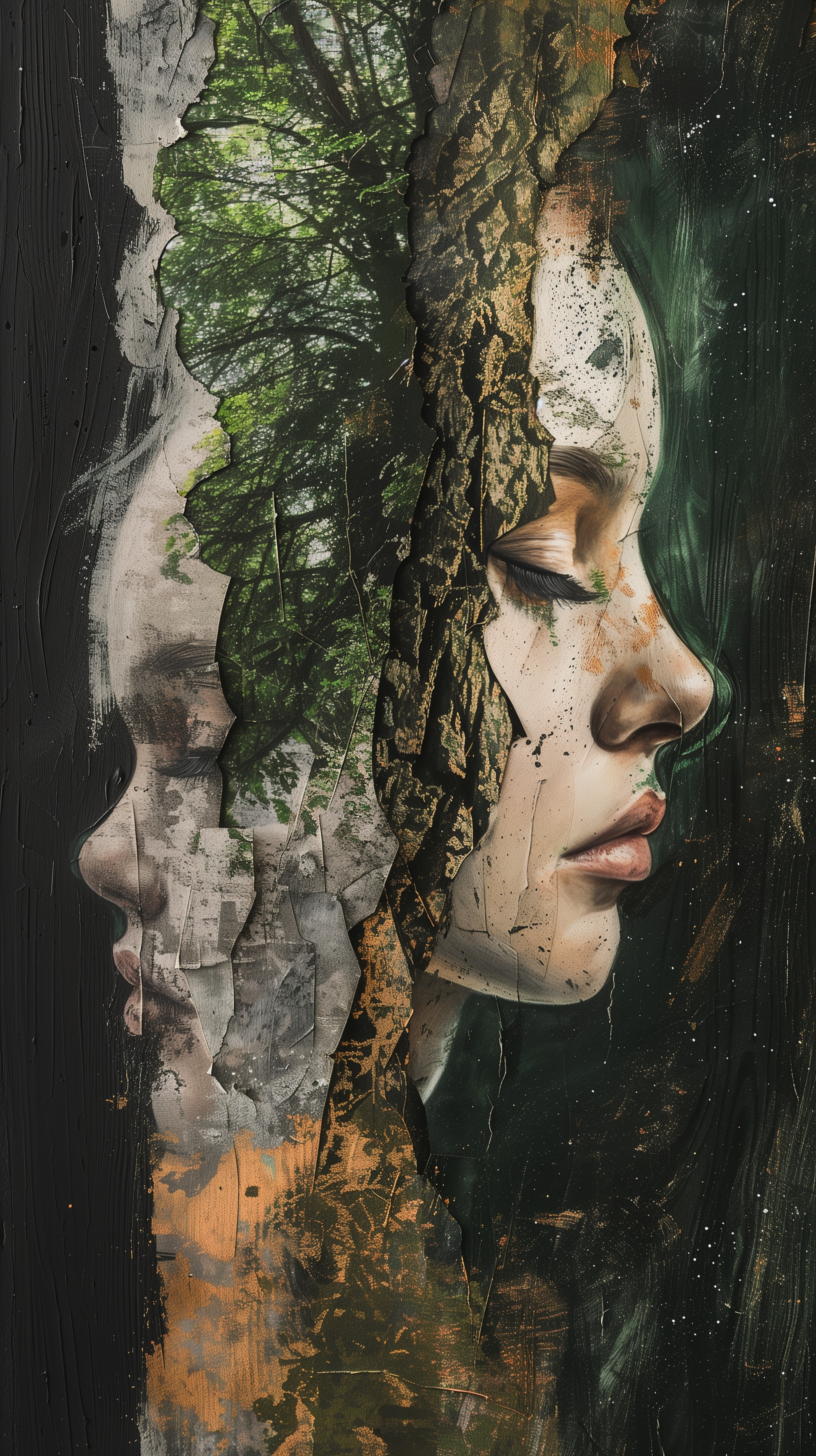 Artistic phone wallpaper featuring a profile of a face with elements of nature and a forest integrated to represent a split personality concept.