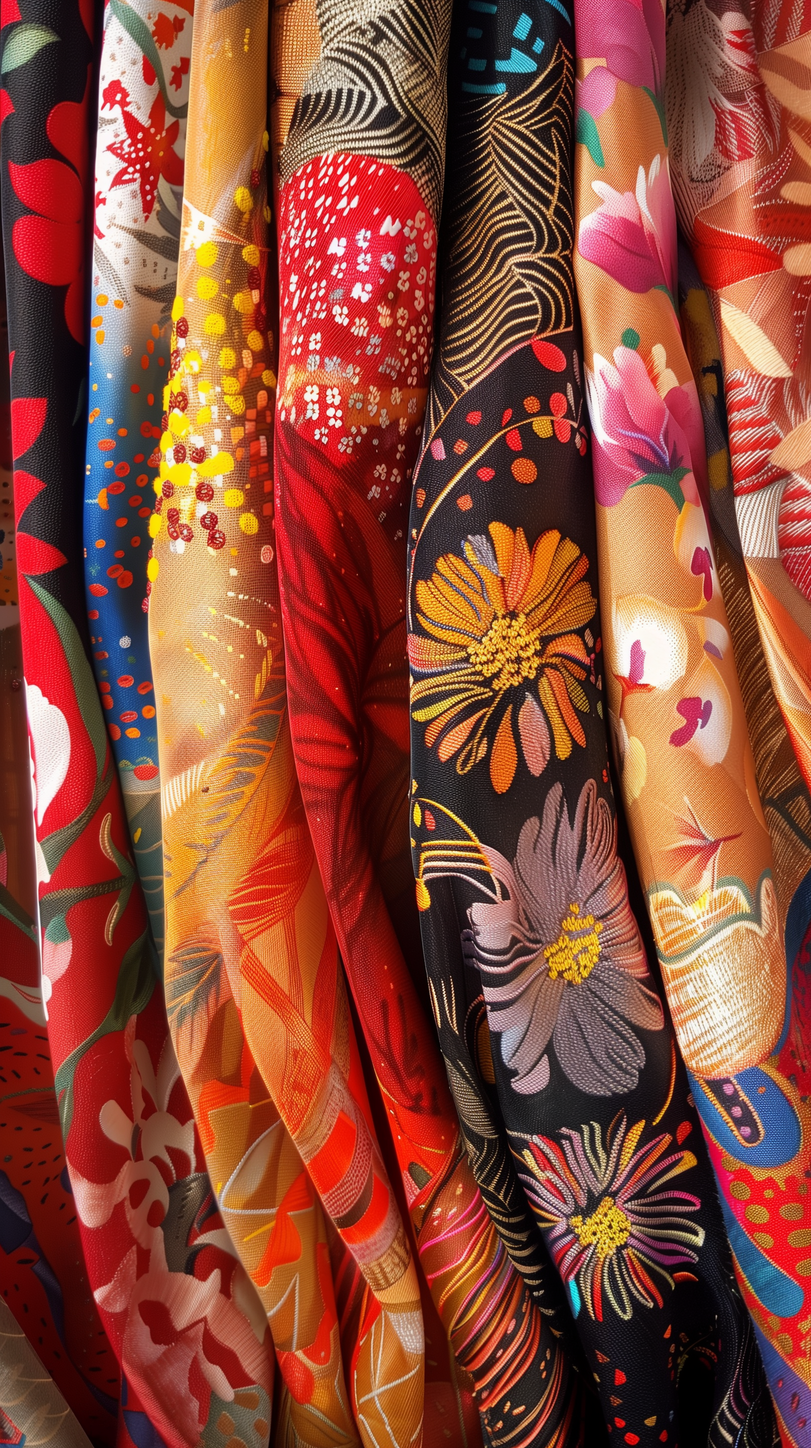 Colorful and patterned fabric rolls displayed vertically, suitable as a vibrant phone wallpaper.