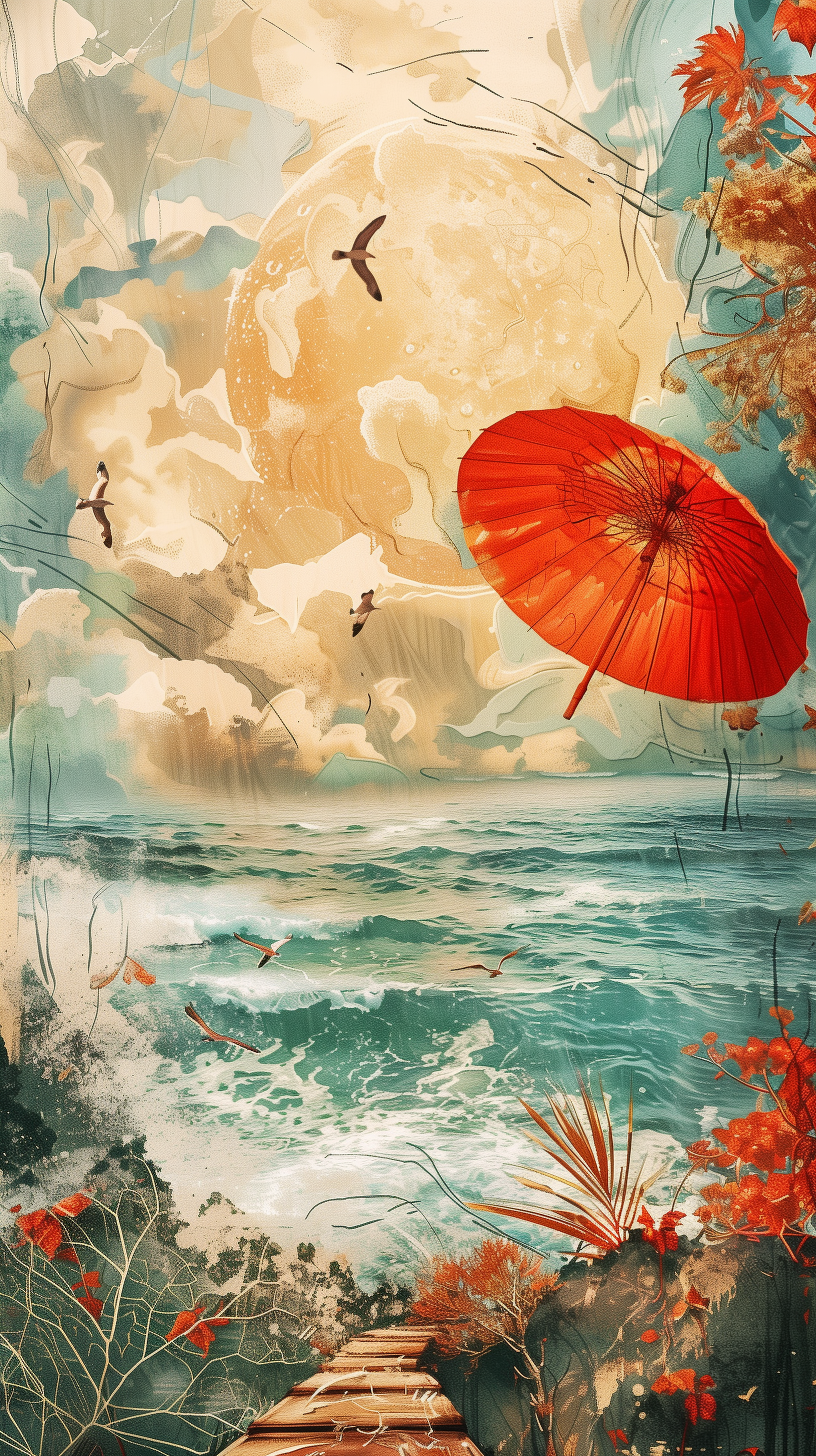 Phone wallpaper featuring an oriental-style illustration of a sunny day with a large sun in the background, a floating red umbrella, flying birds, and a tranquil ocean scene.