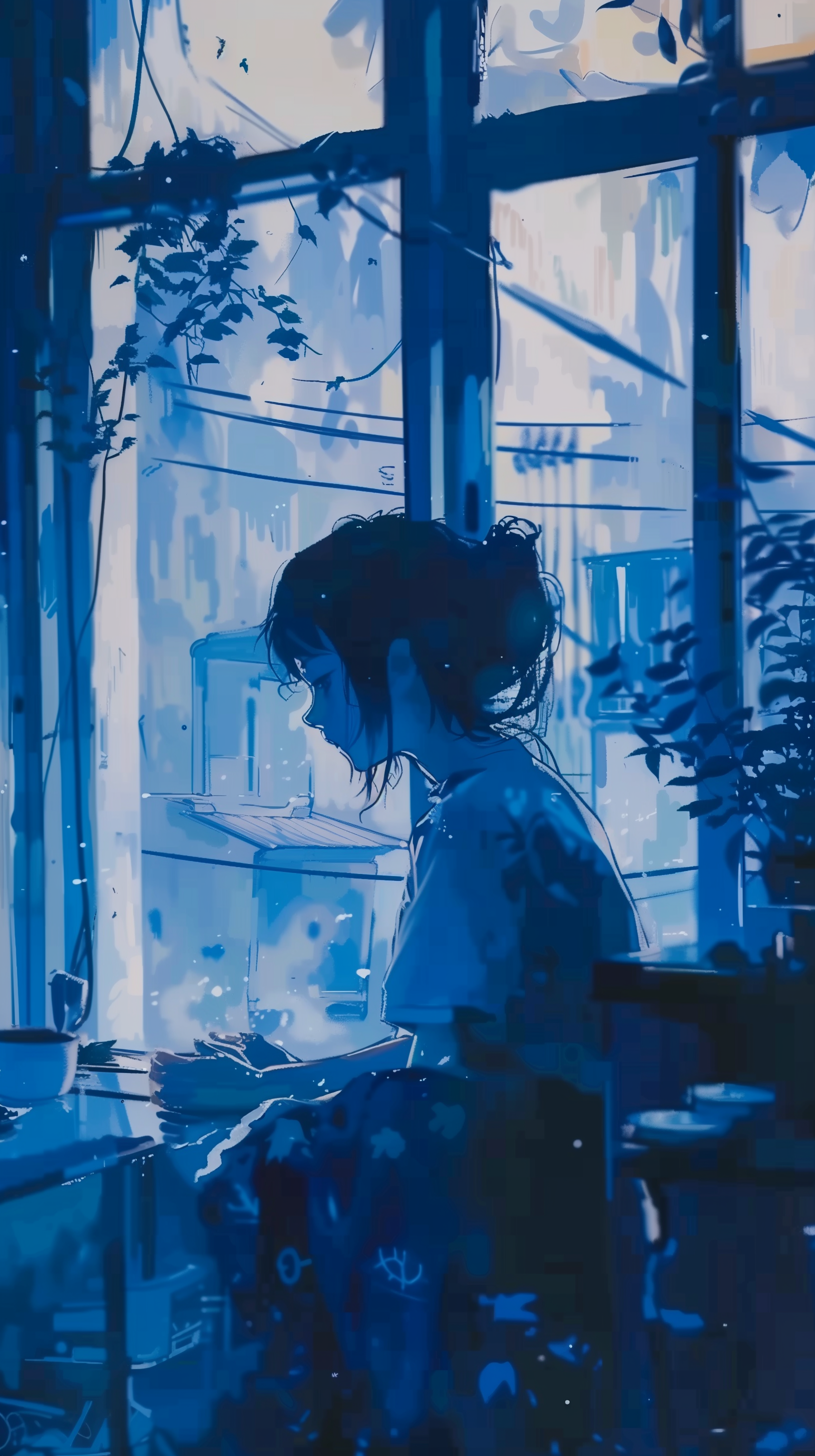Aesthetic anime-style wallpaper depicting a melancholic scene with a blue-toned anime character sitting by the window, surrounded by plants, conveying a sense of solitude and reflection.
