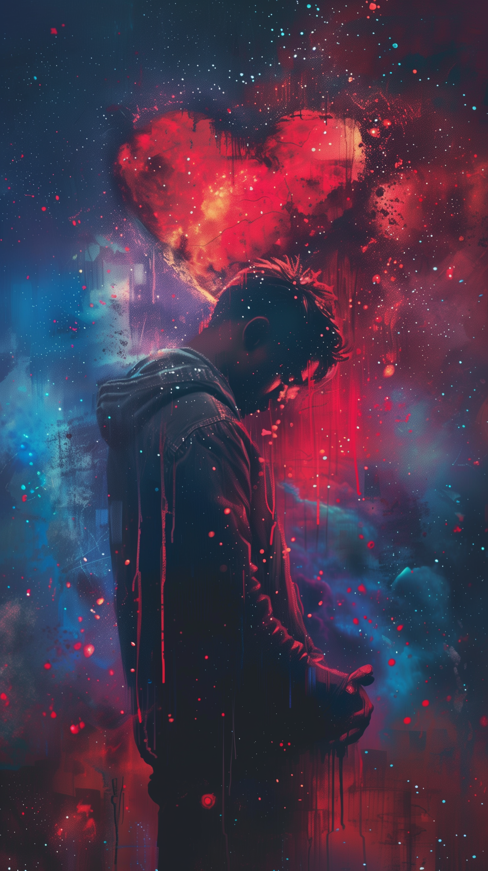 A heartbroken-themed phone wallpaper featuring a silhouette of a person with their head down and a vibrant, nebulous heart shape disintegrating above them in a cosmic, starry background of blues and reds.