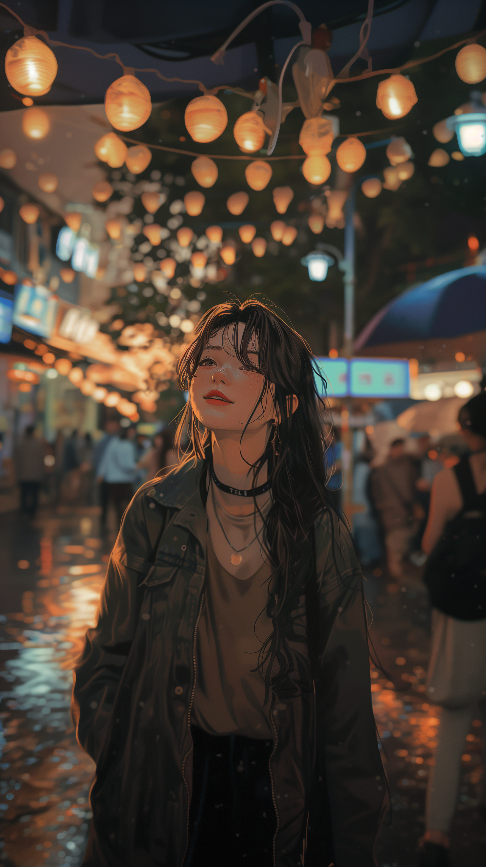 Aesthetic anime phone wallpaper featuring a smiling character surrounded by glowing lanterns in a vibrant, rain-soaked street scene, capturing a dreamy atmosphere.