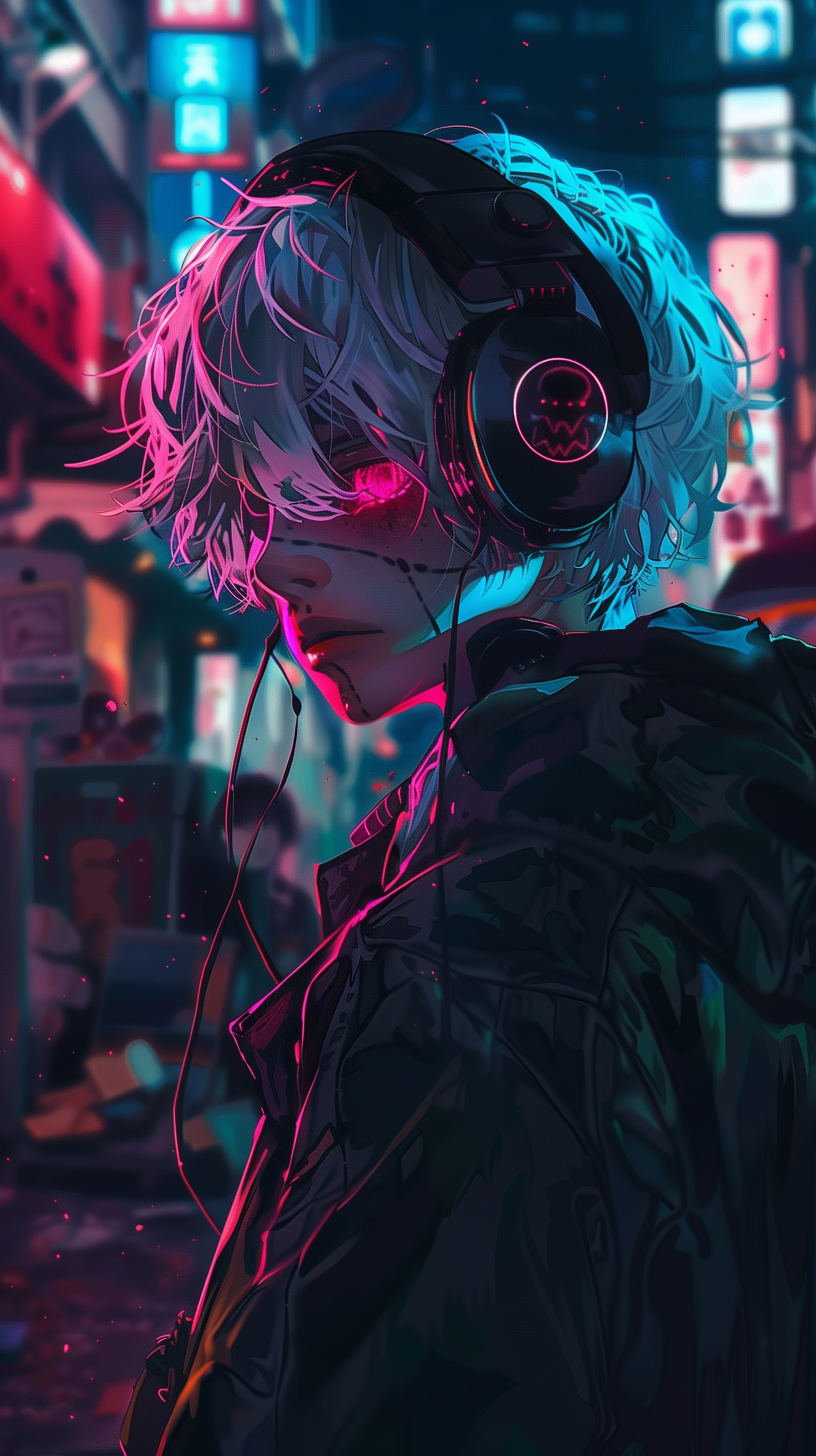 Aesthetic anime-style phone wallpaper featuring a character with silver hair and headphones, set against a vibrant neon-lit cityscape background.