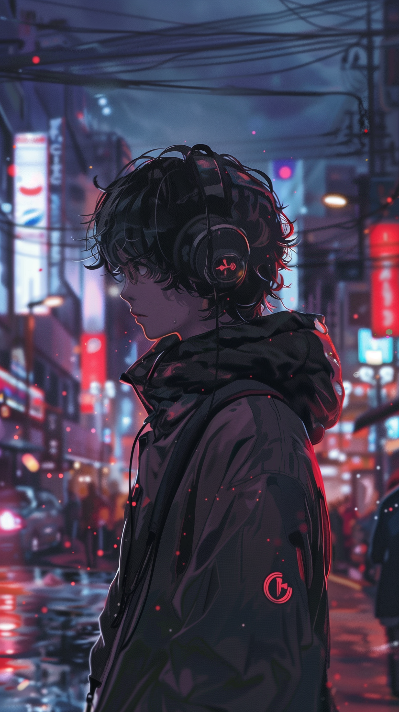 An aesthetic anime wallpaper featuring a side profile of a person with curly hair and headphones, set against a vibrant cityscape illuminated by neon lights.