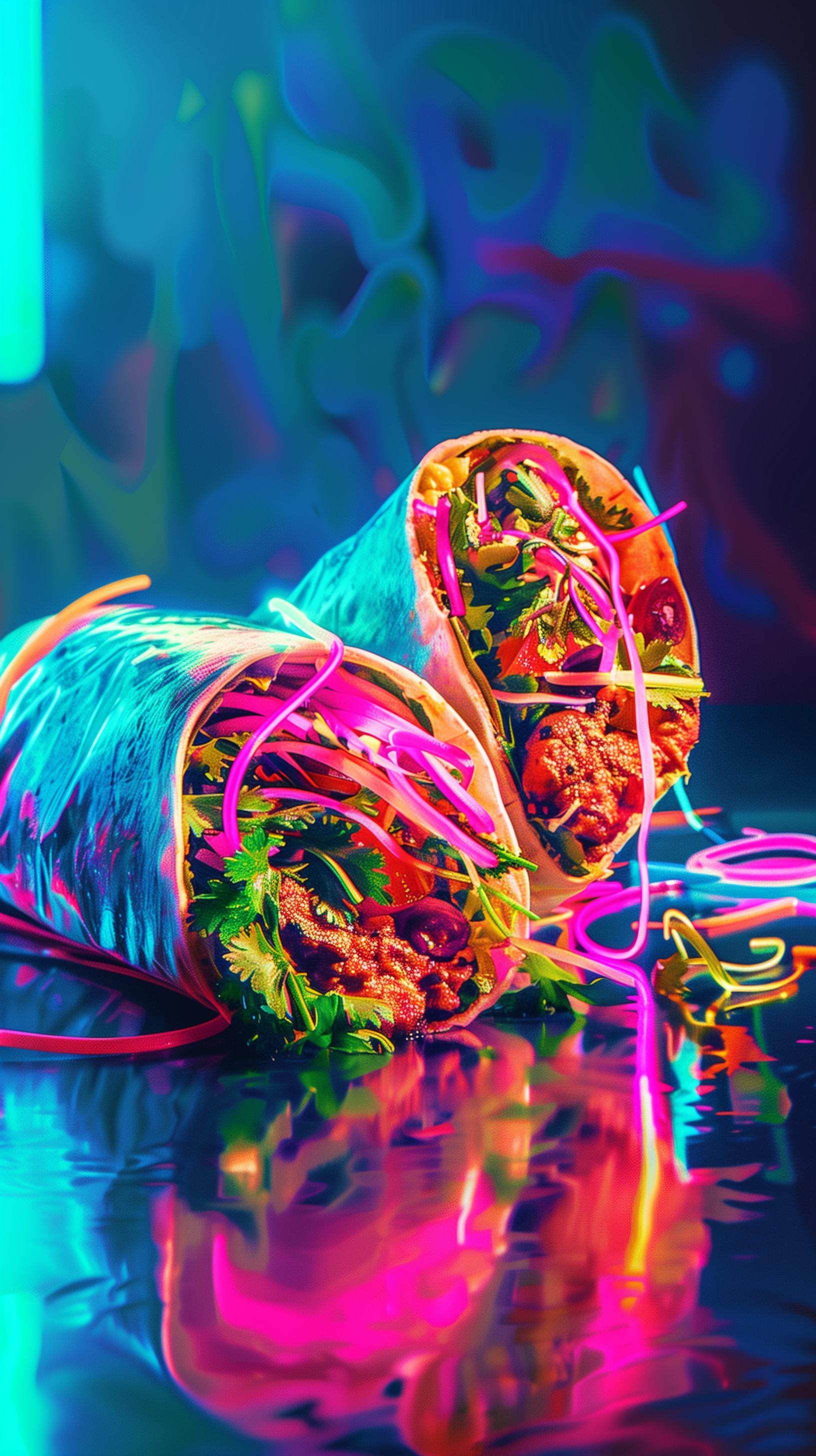 A vibrant, neon aesthetic phone wallpaper featuring a close-up of a delicious breakfast burrito, filled with fresh ingredients and a colorful presentation.