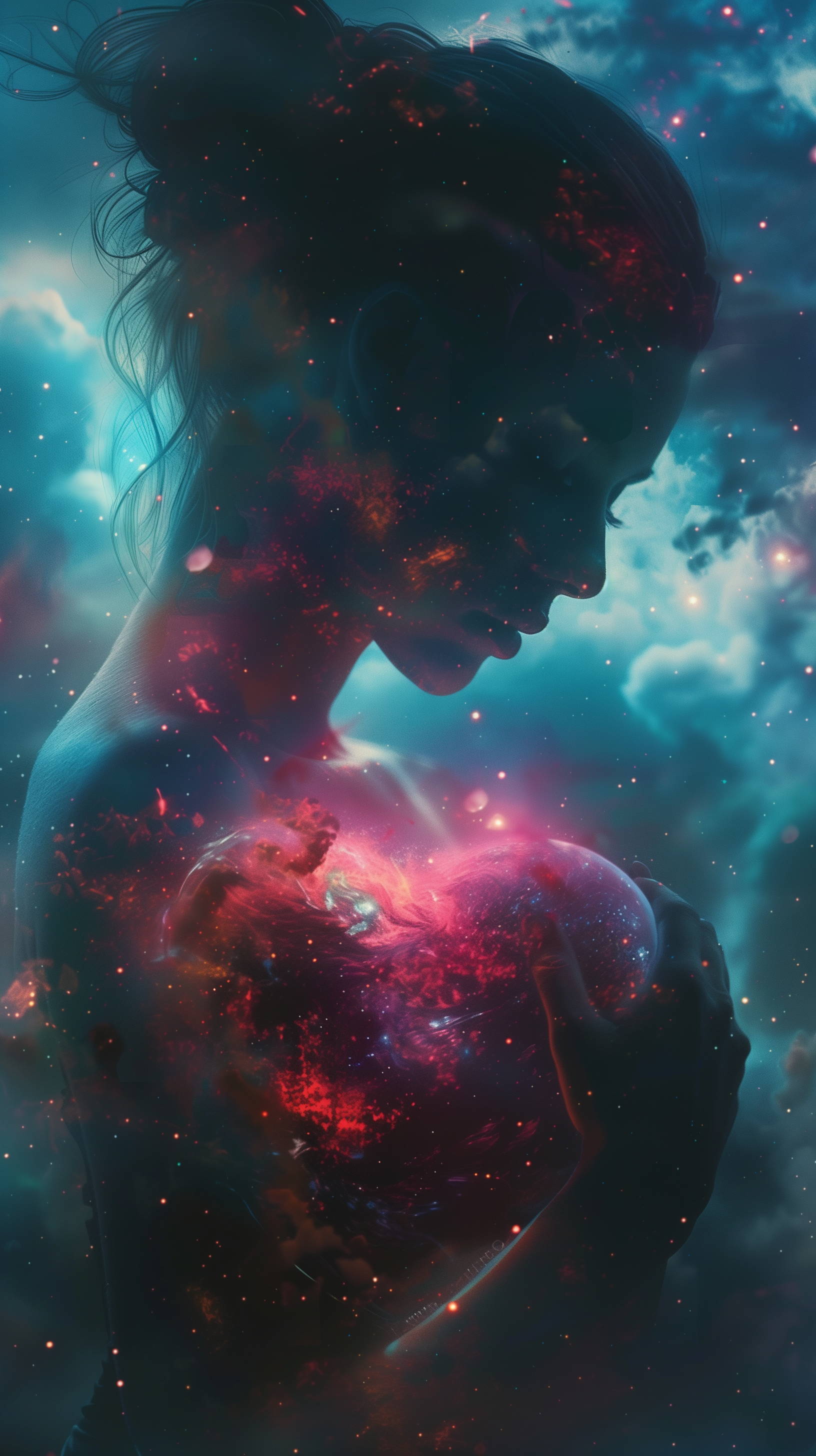 A phone wallpaper depicting a silhouette of a person holding a brightly glowing heart amidst a cosmic, starry background, conveying a sense of heartbreak and emotion.