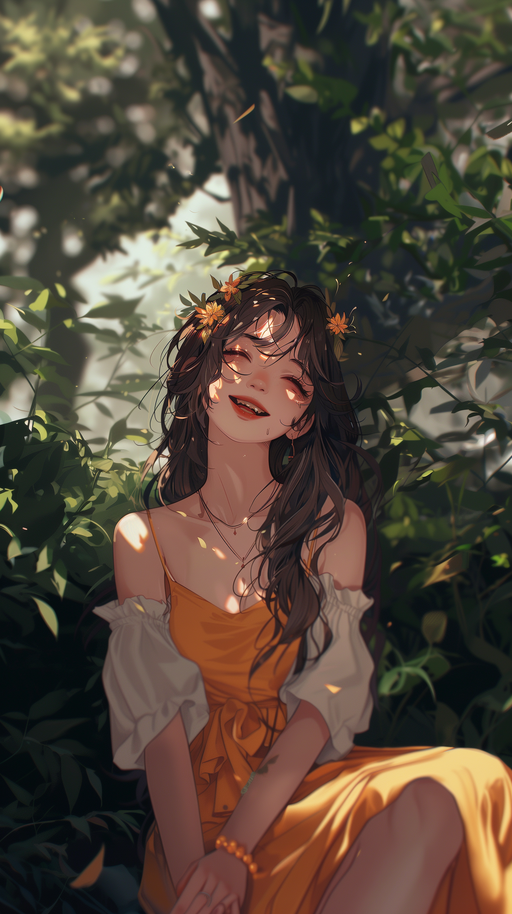 A phone wallpaper featuring an anime-style illustration of a smiling girl with a flower wreath in her hair, sitting amidst lush greenery, bathed in gentle sunlight.